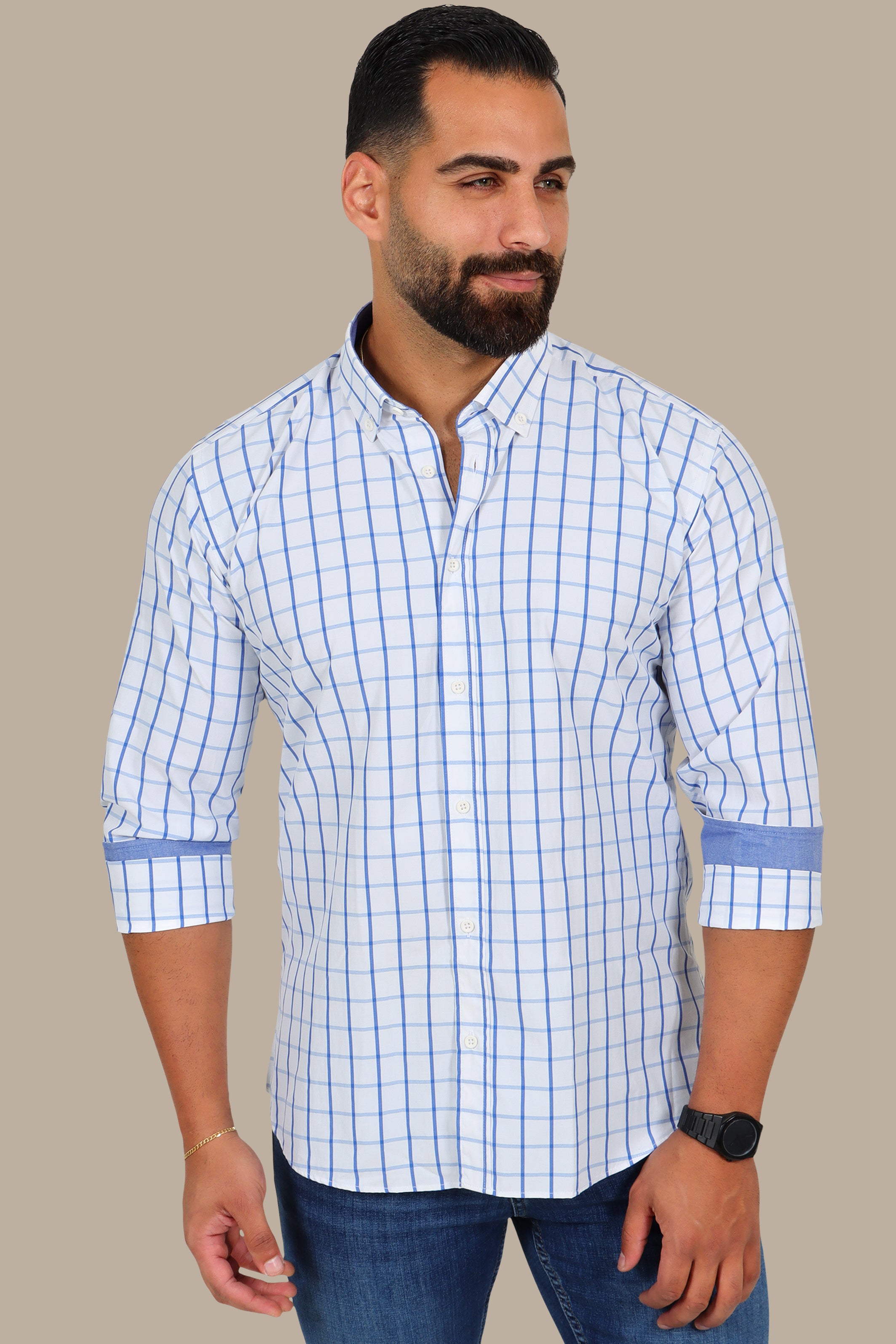 White Medium-Checked Shirt – Button Down