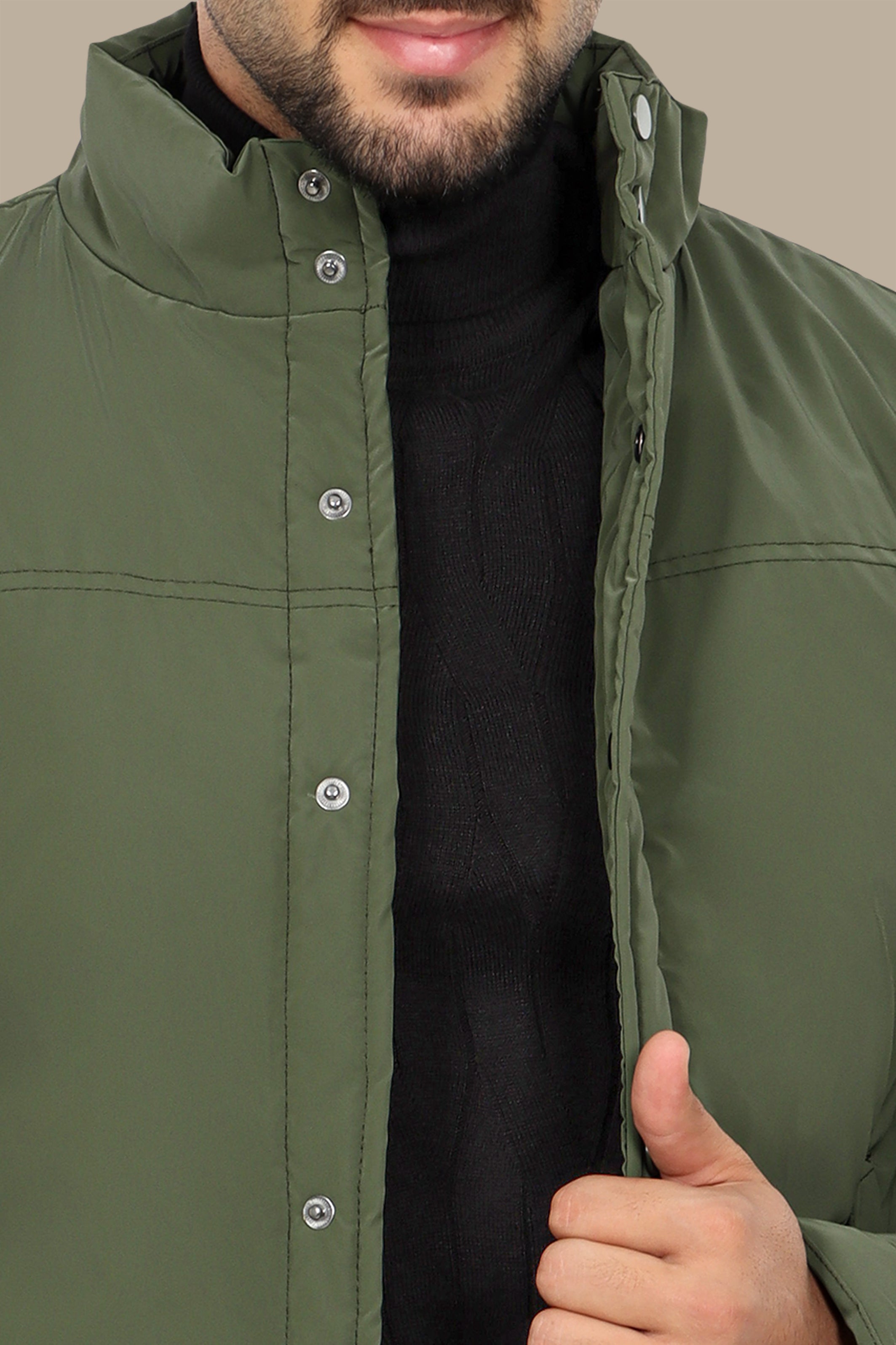 Olive Full Button Puffer Jacket