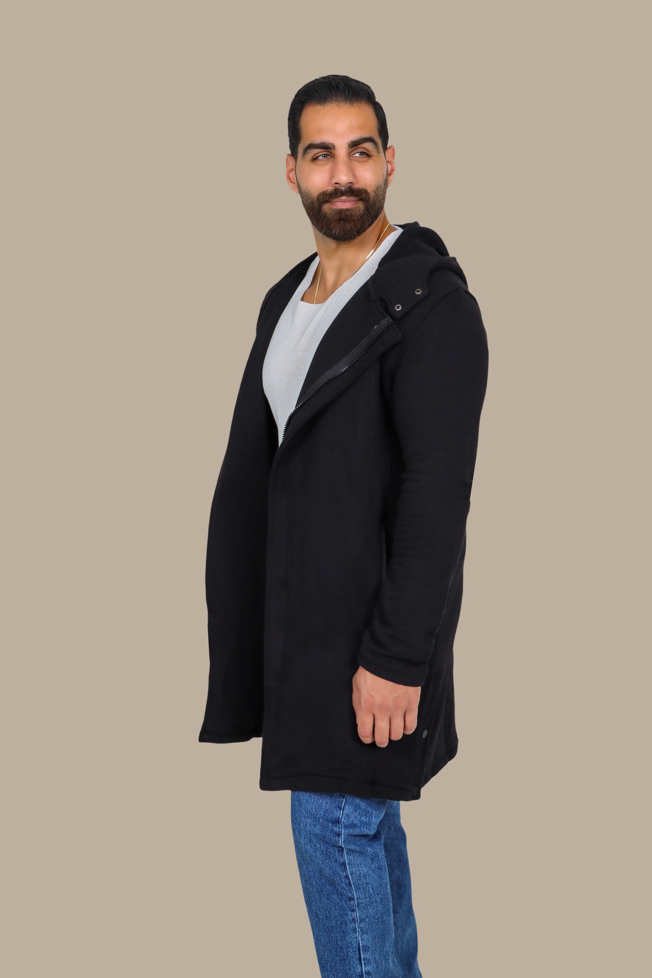 Black Oversized Long Cardigan with Zipper