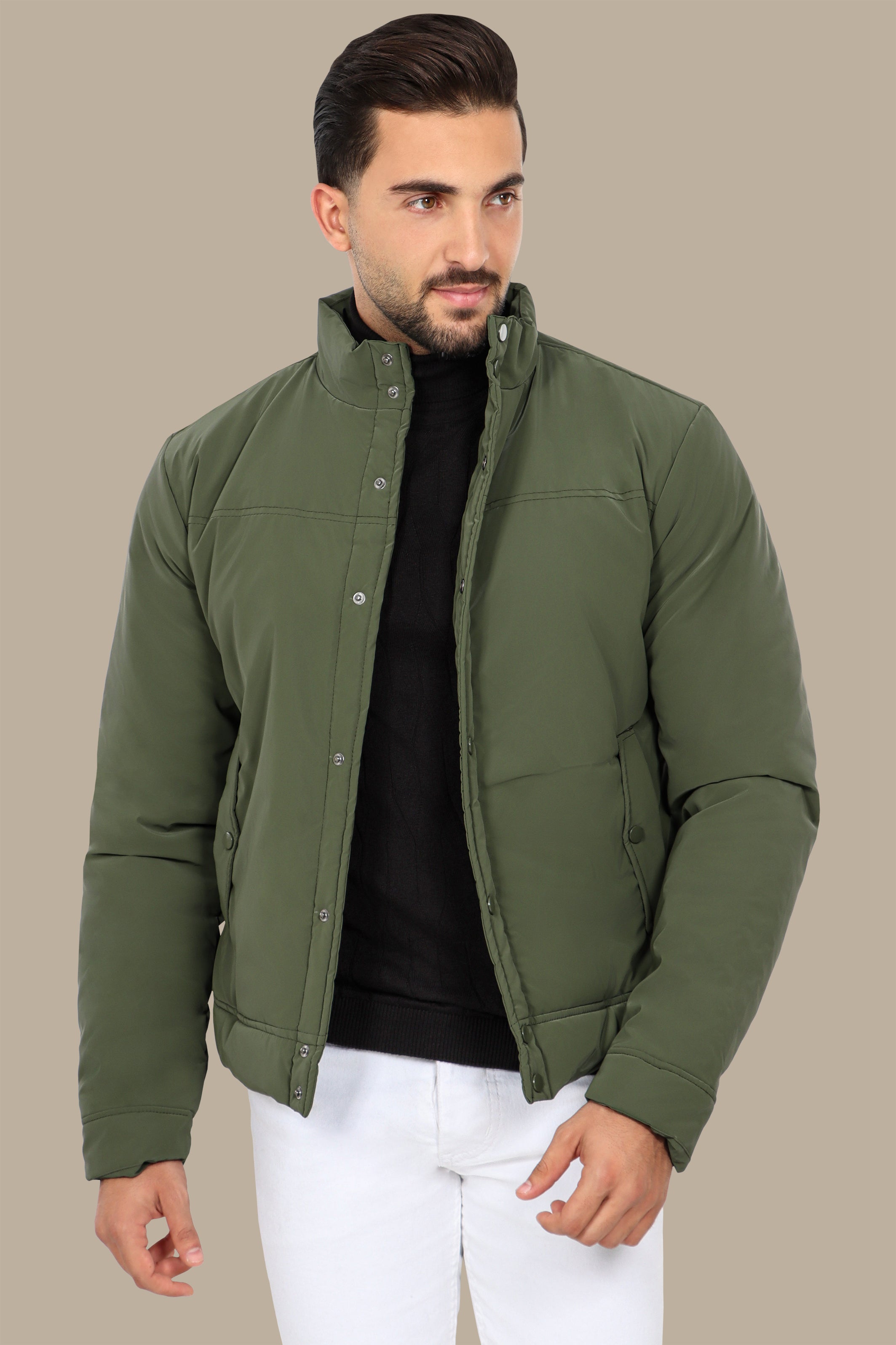 Olive Full Button Puffer Jacket