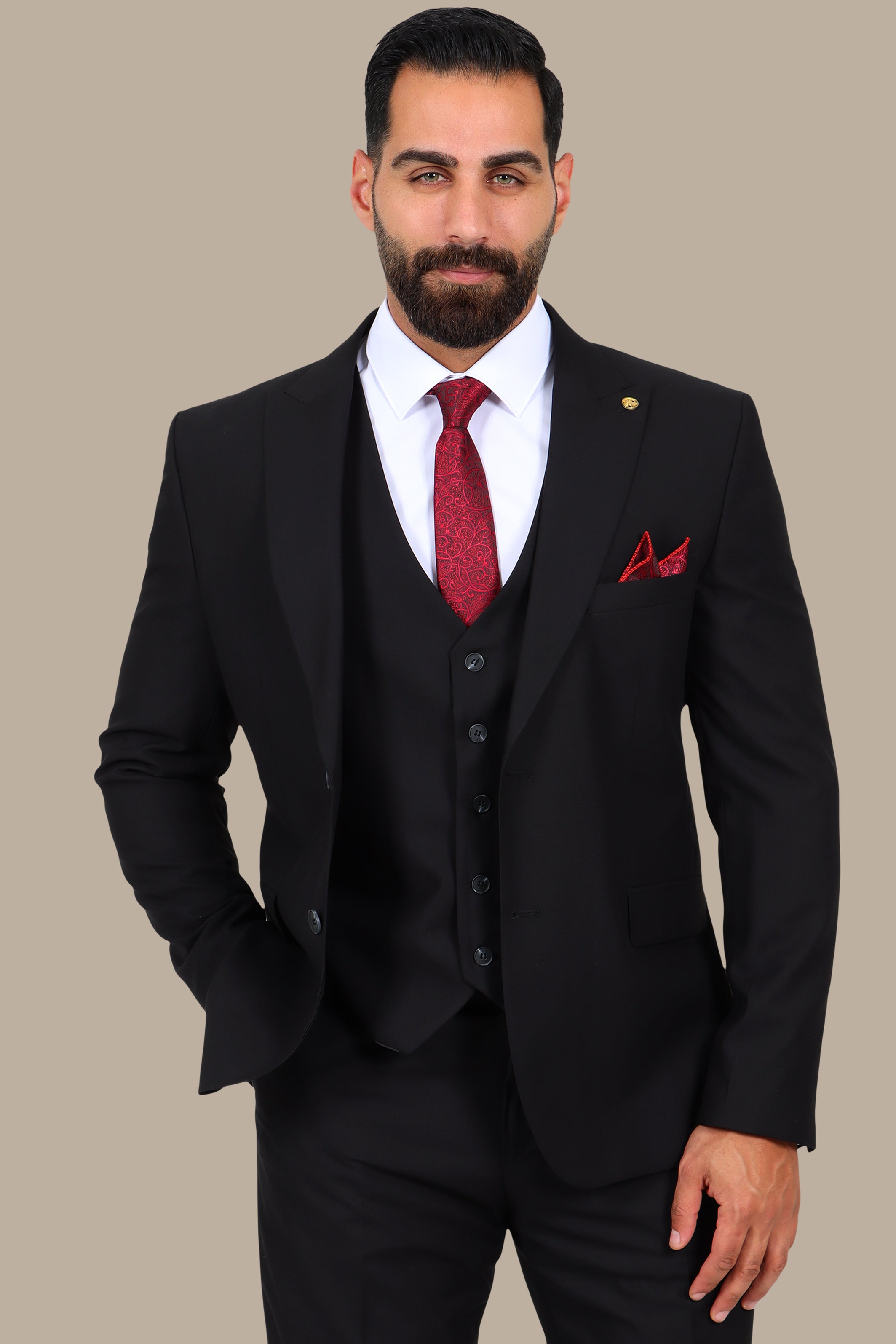 Black 3-Piece Peak Lapel Suit
