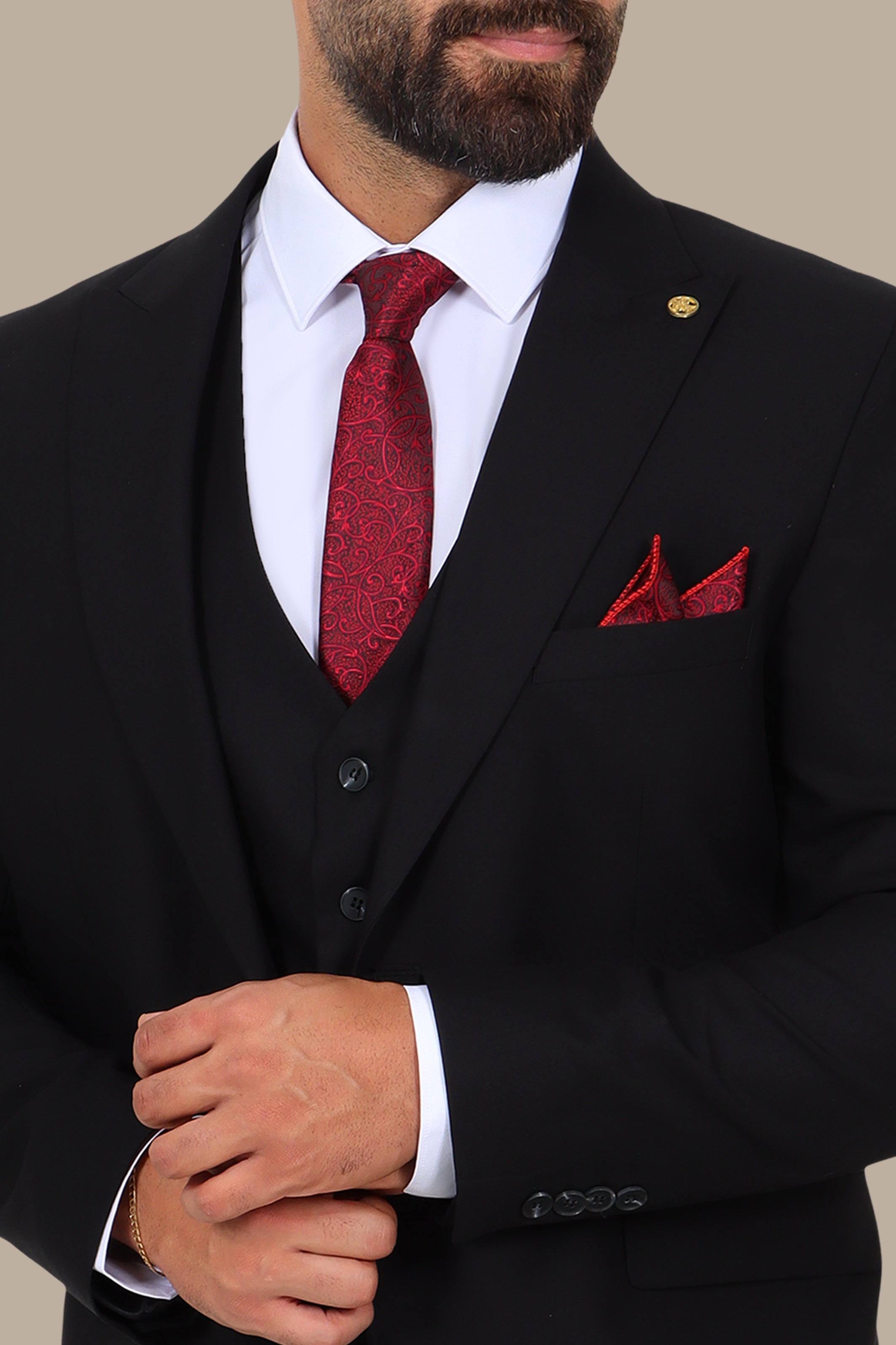 Black 3-Piece Peak Lapel Suit