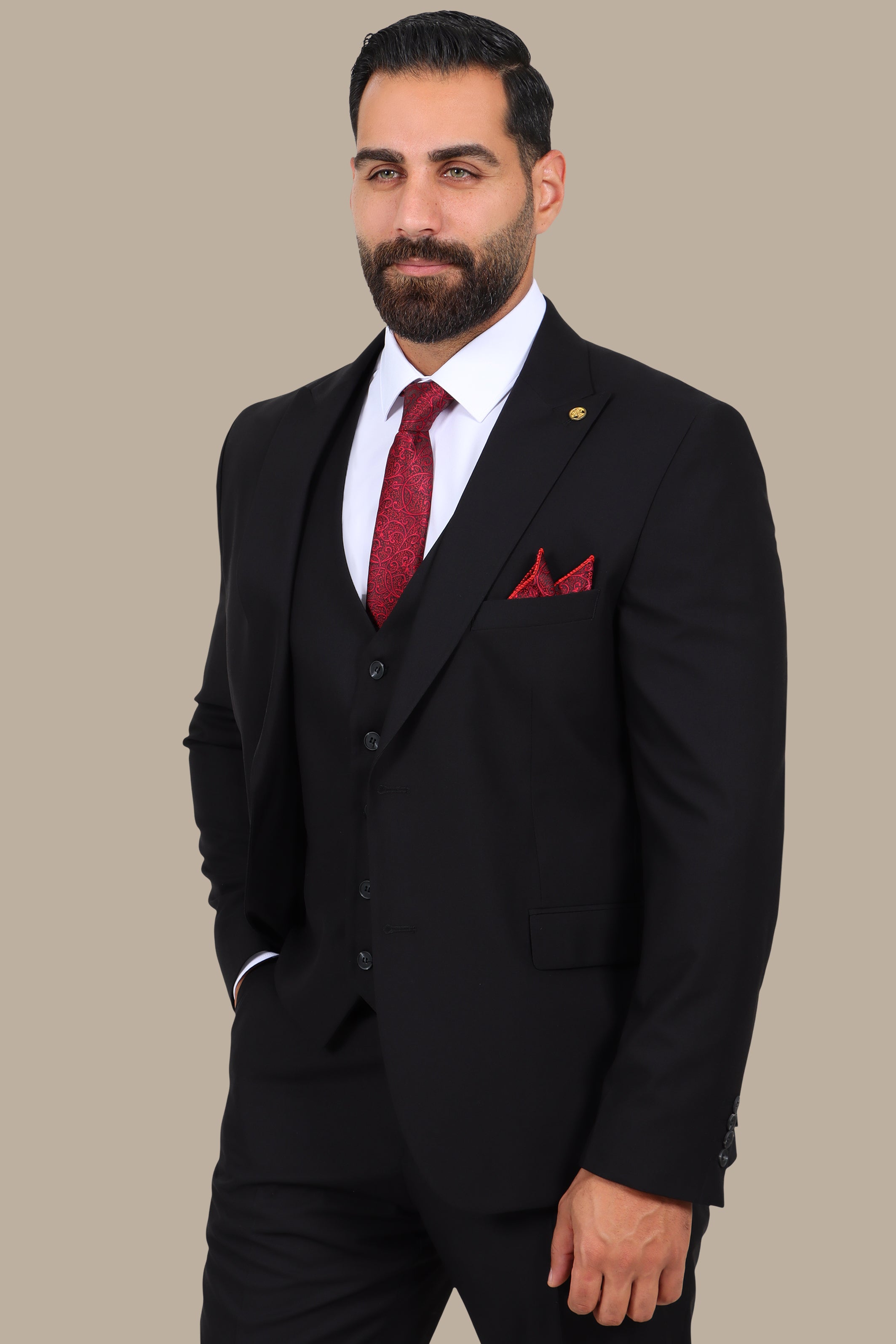 Black 3-Piece Peak Lapel Suit