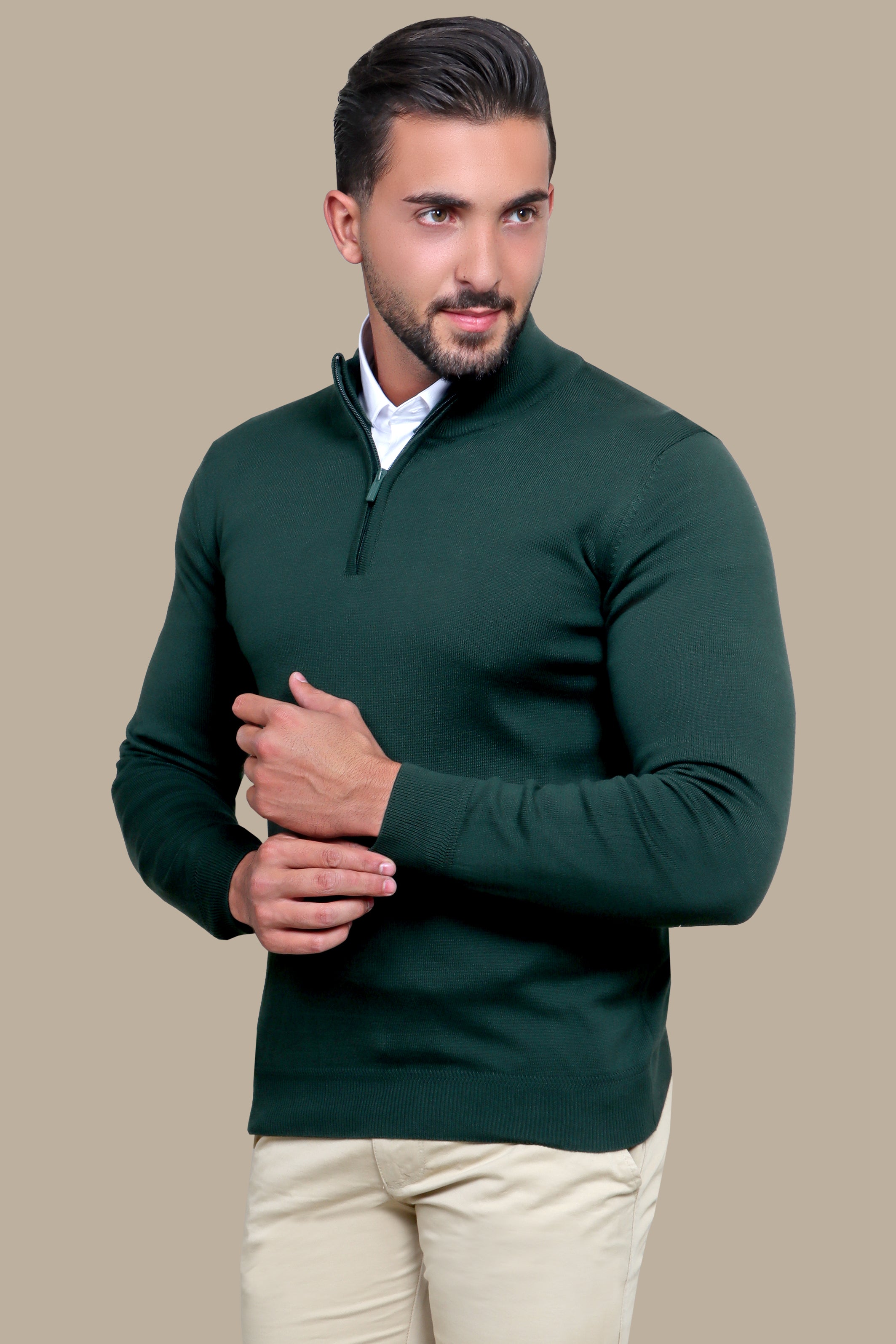 Dark Green Half-Zip Cotton Sweater