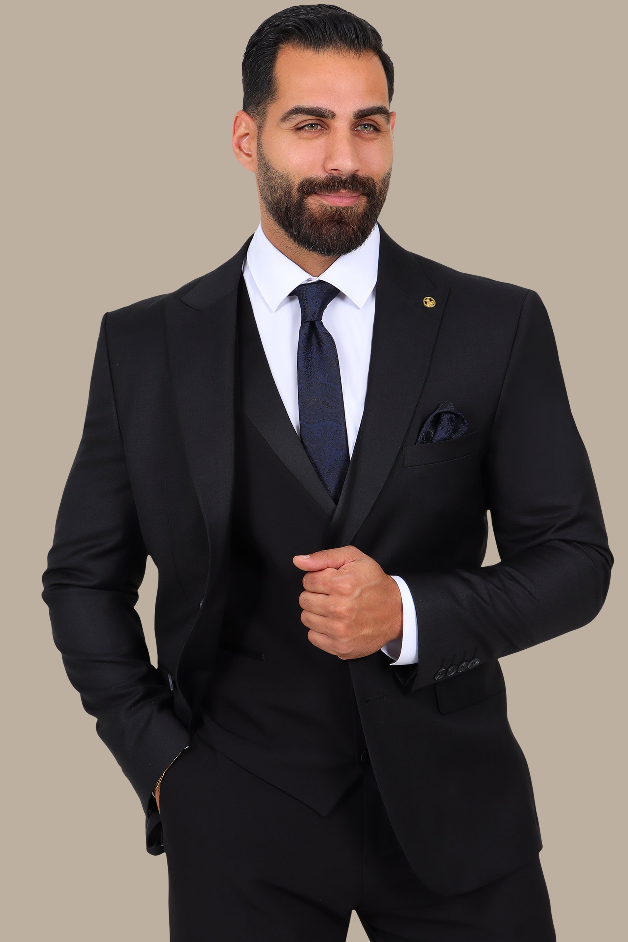 Black 3-Piece Fil à Fil Peak Lapel Suit