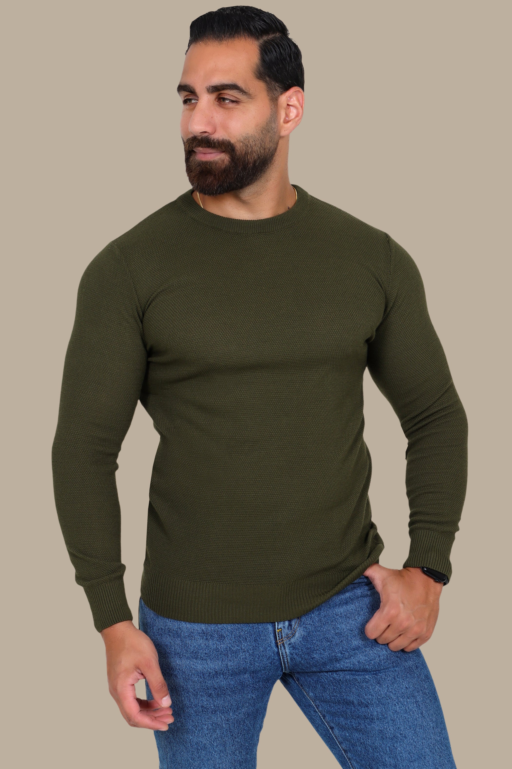 Effortless Style: Khaki Structured Round Neck Sweater