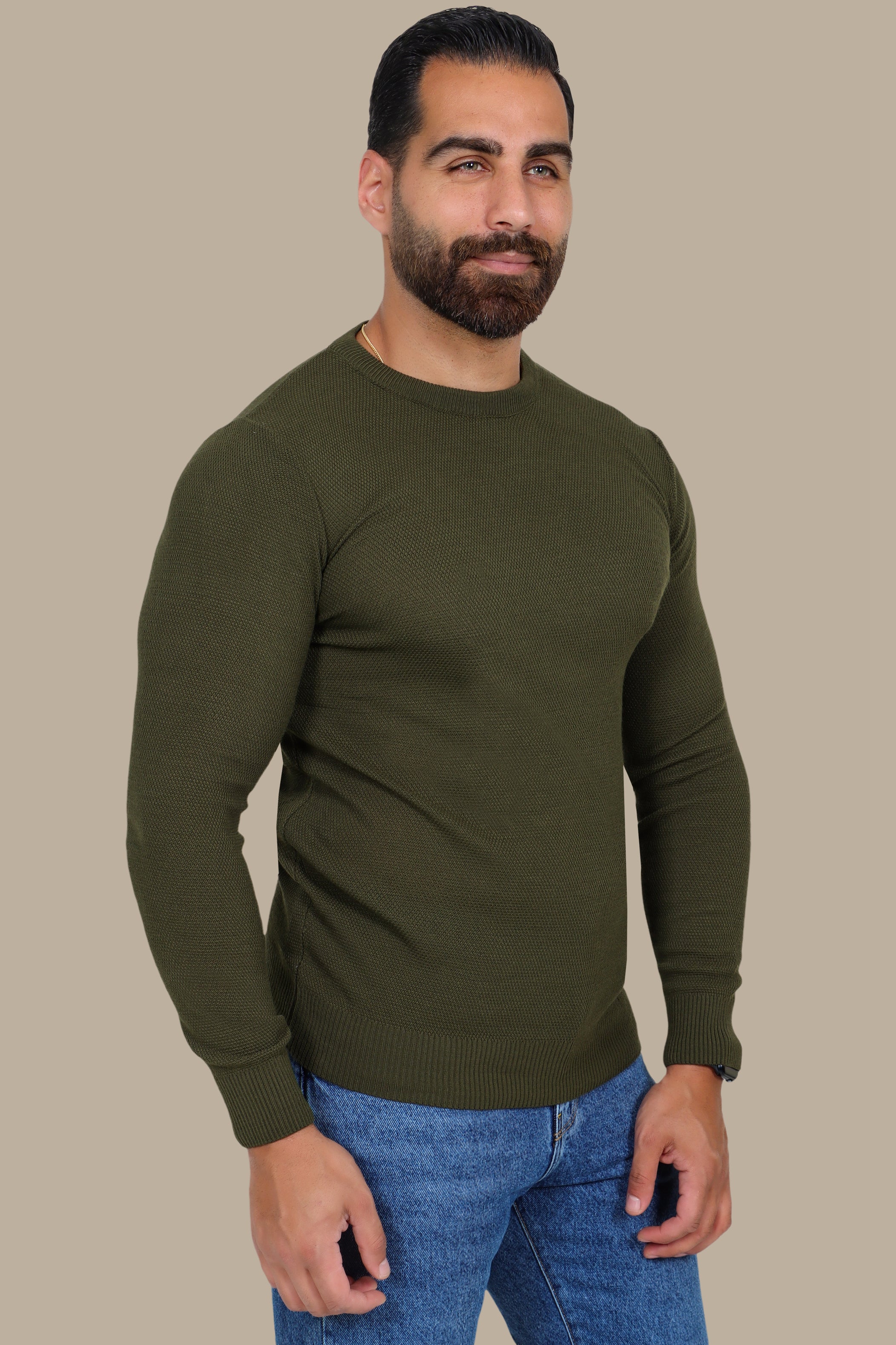 Effortless Style: Khaki Structured Round Neck Sweater