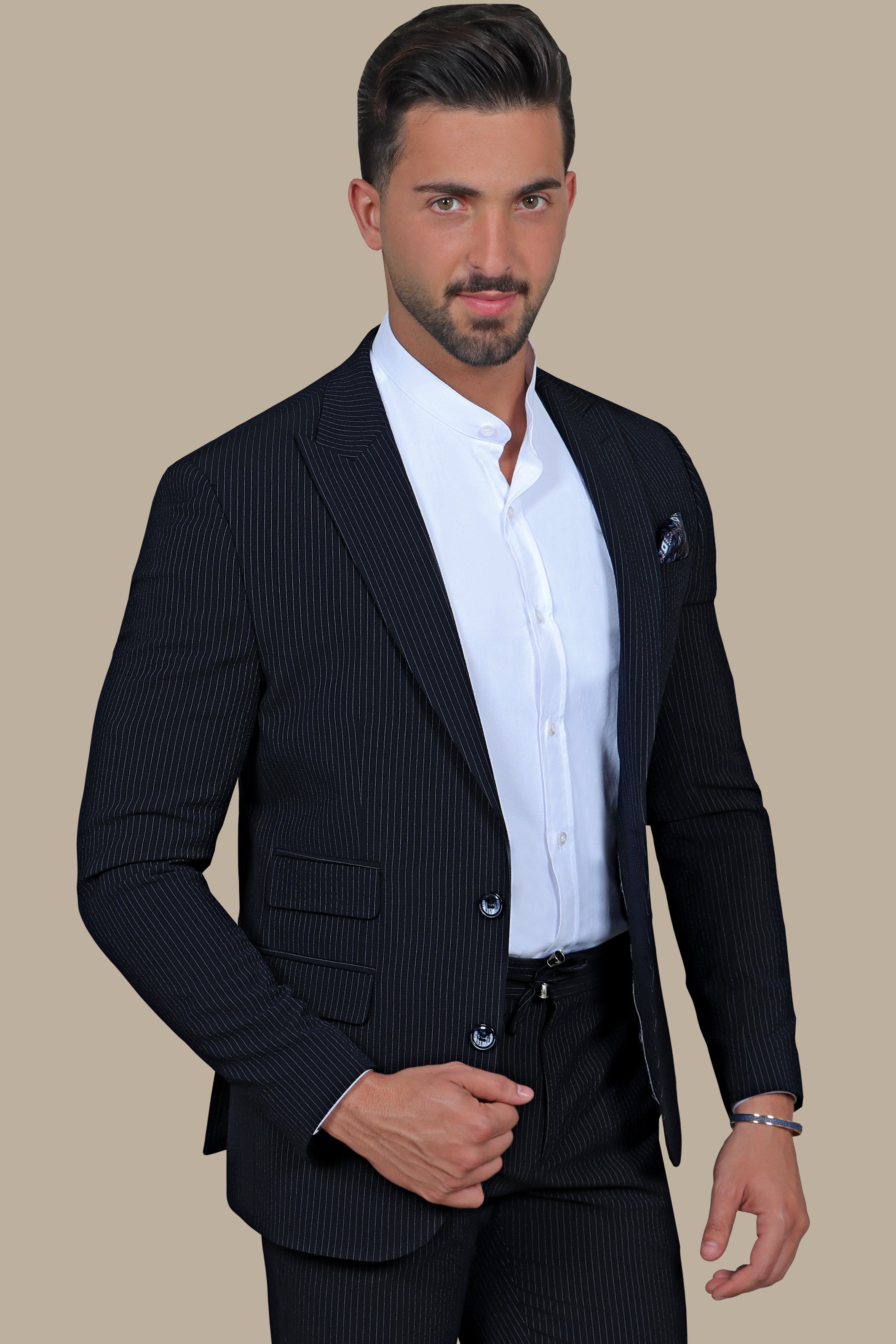 Nautical Elegance Travel Suit: Navy Stripe Edition