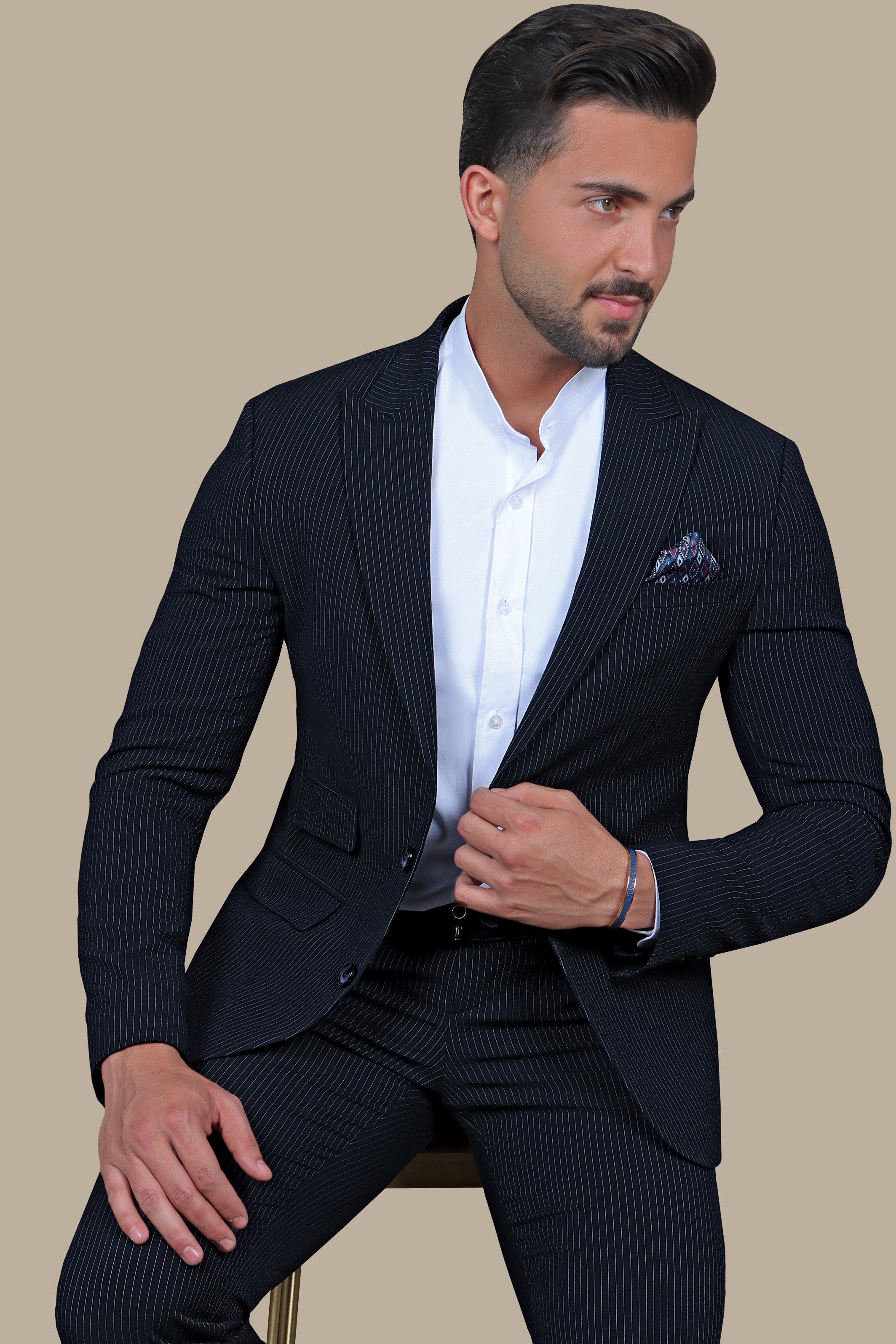 Nautical Elegance Travel Suit: Navy Stripe Edition