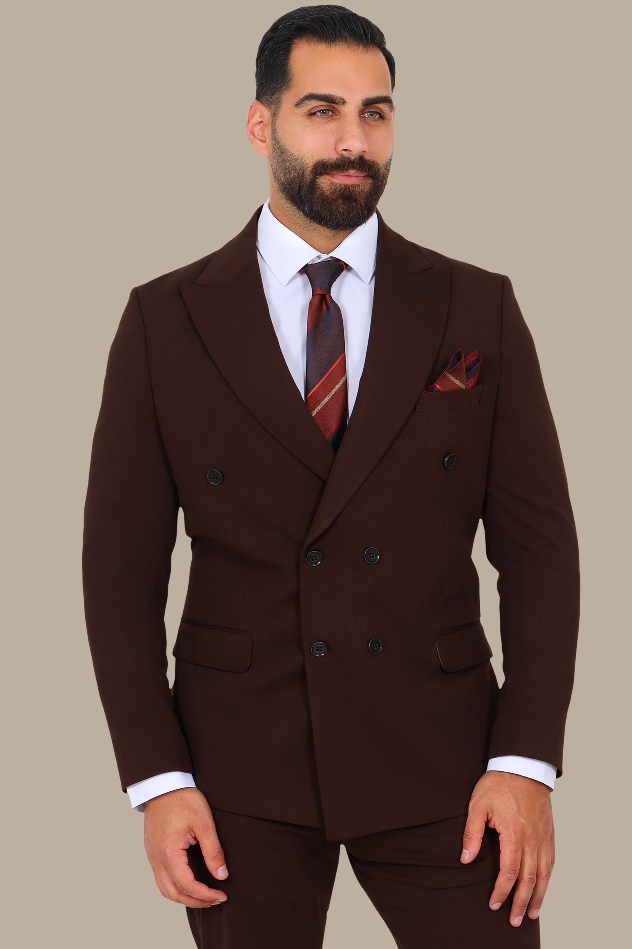 Brown Double-Breasted Suit with Diamond Pattern