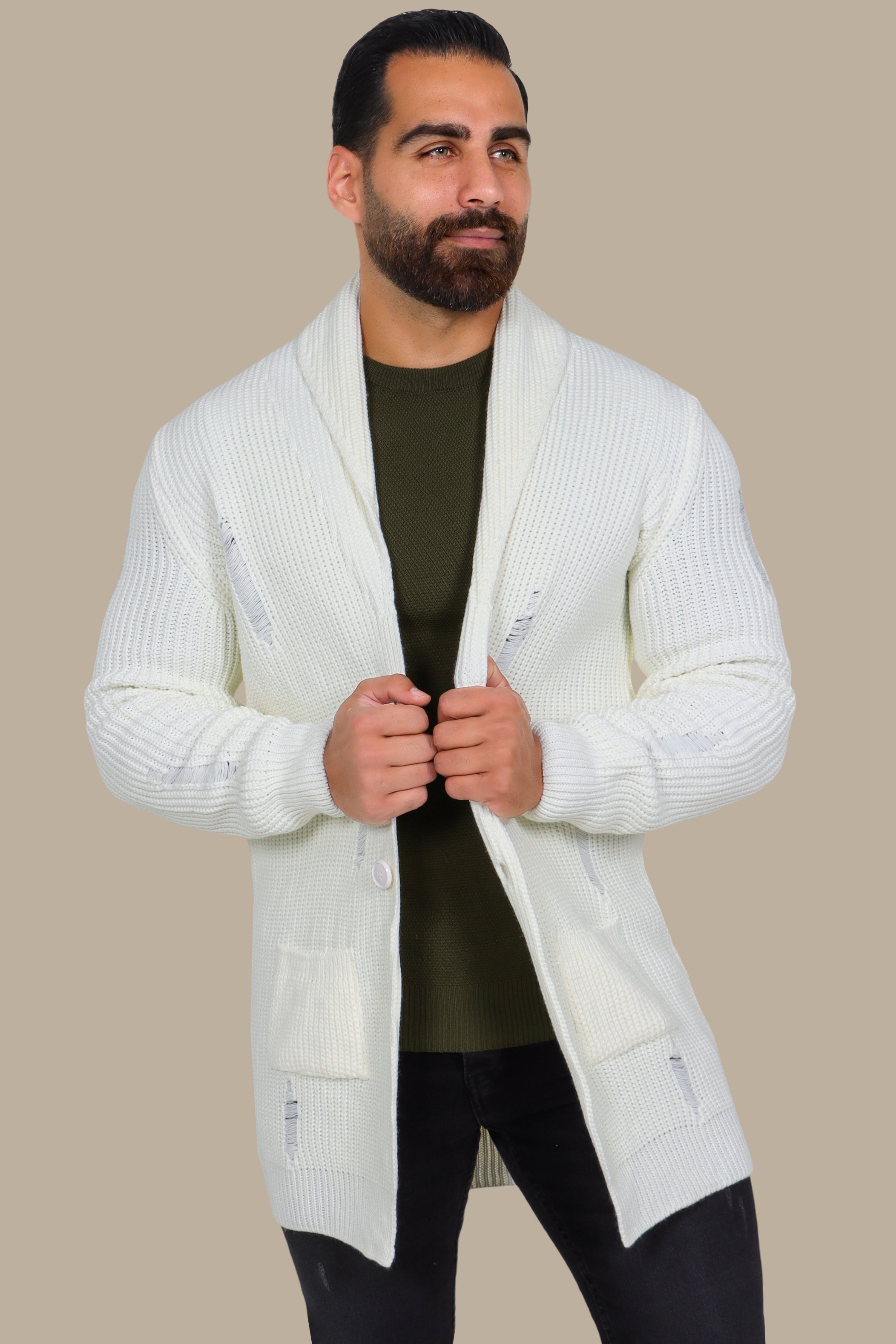 Long Mixed Mercerized Cardigan - White