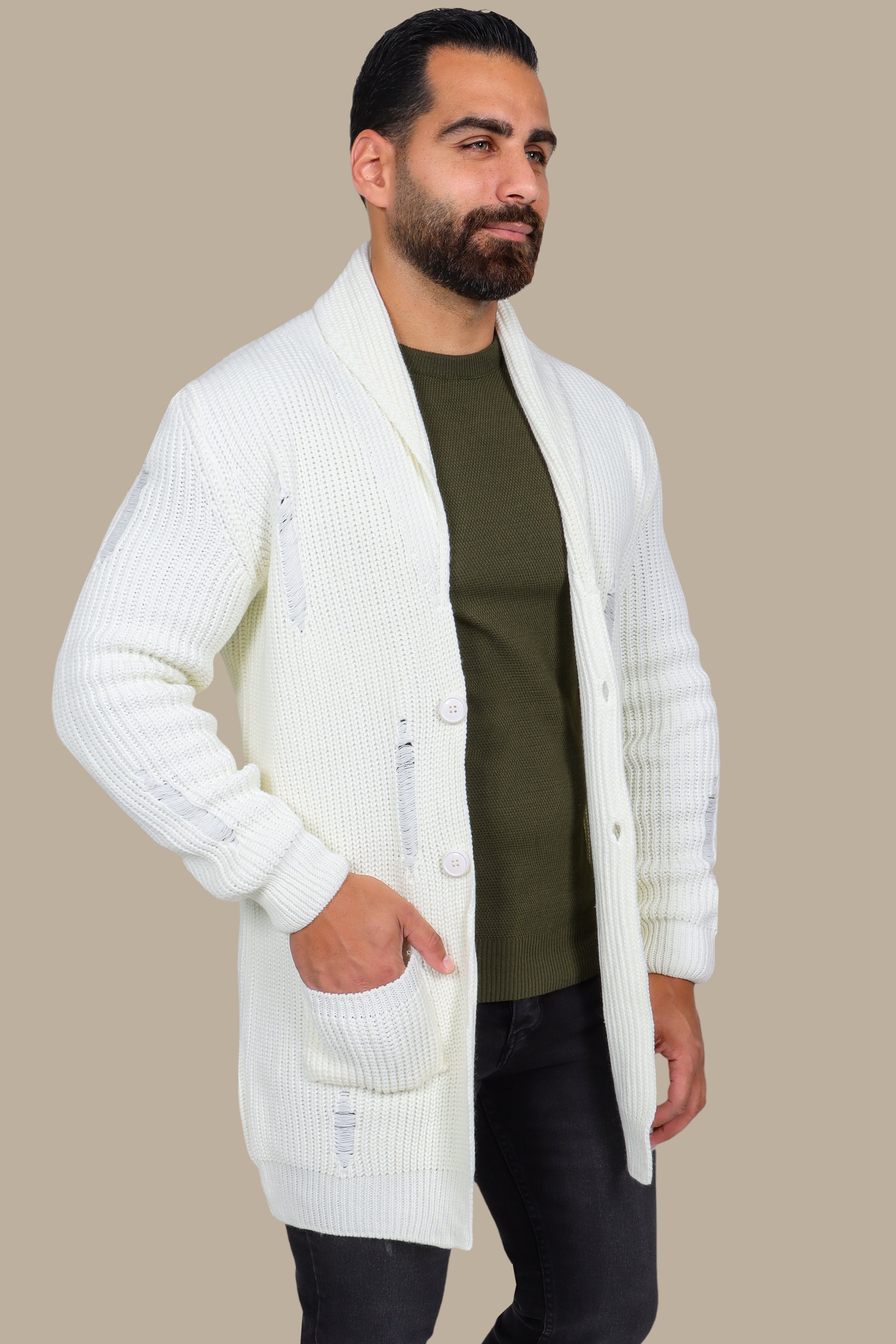 Long Mixed Mercerized Cardigan - White