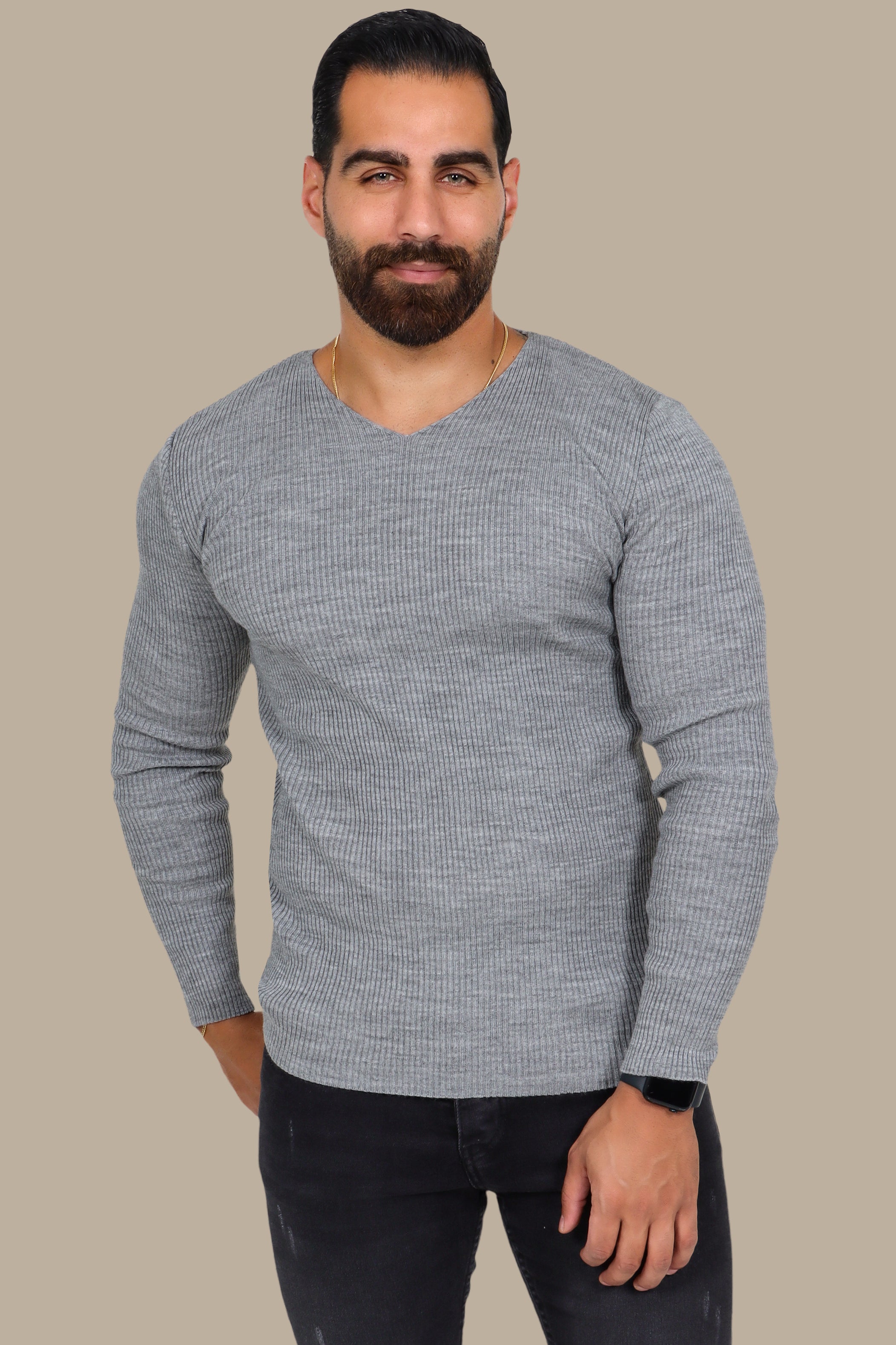 Gray Ribbed V-Neck Sweater