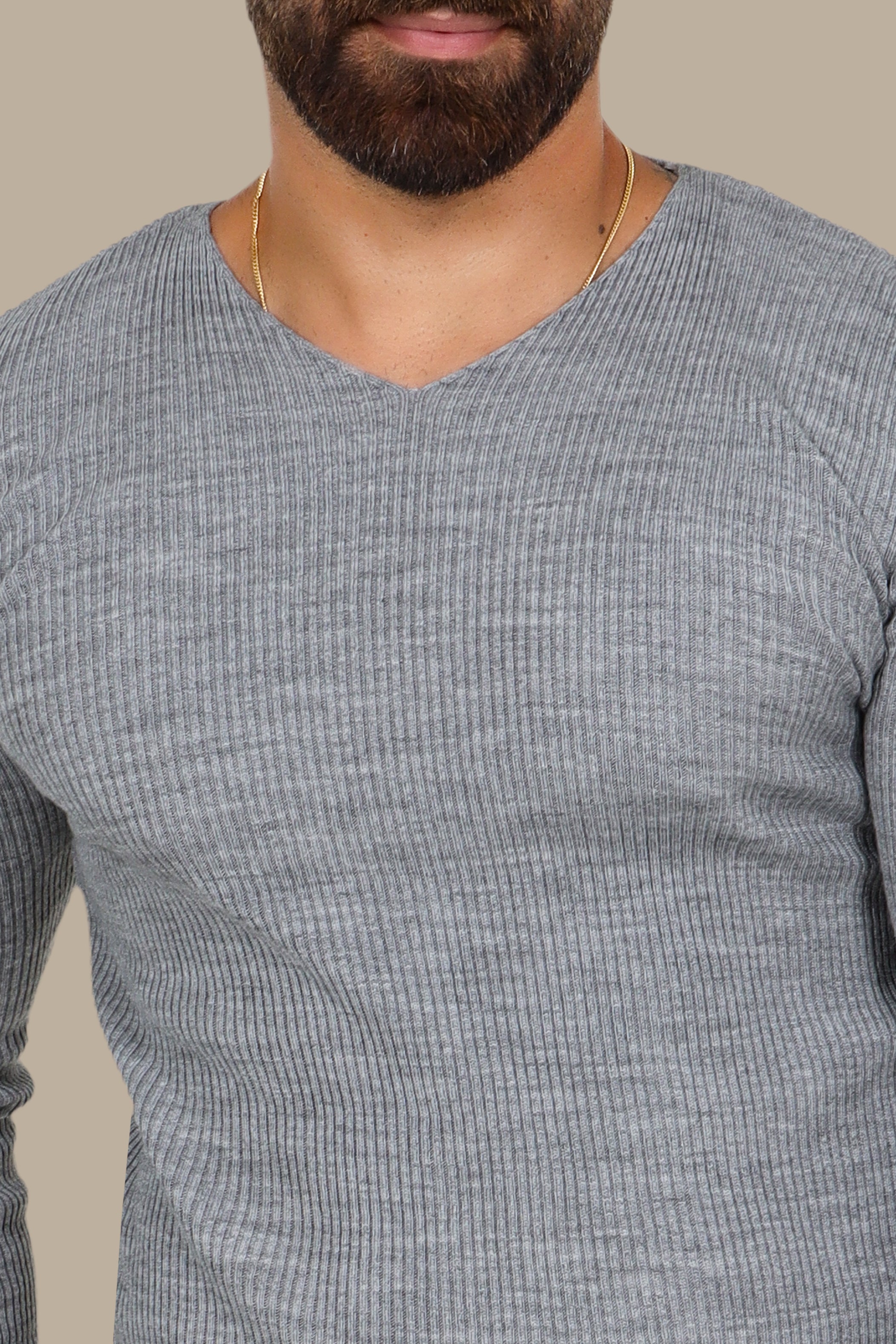 Gray Ribbed V-Neck Sweater