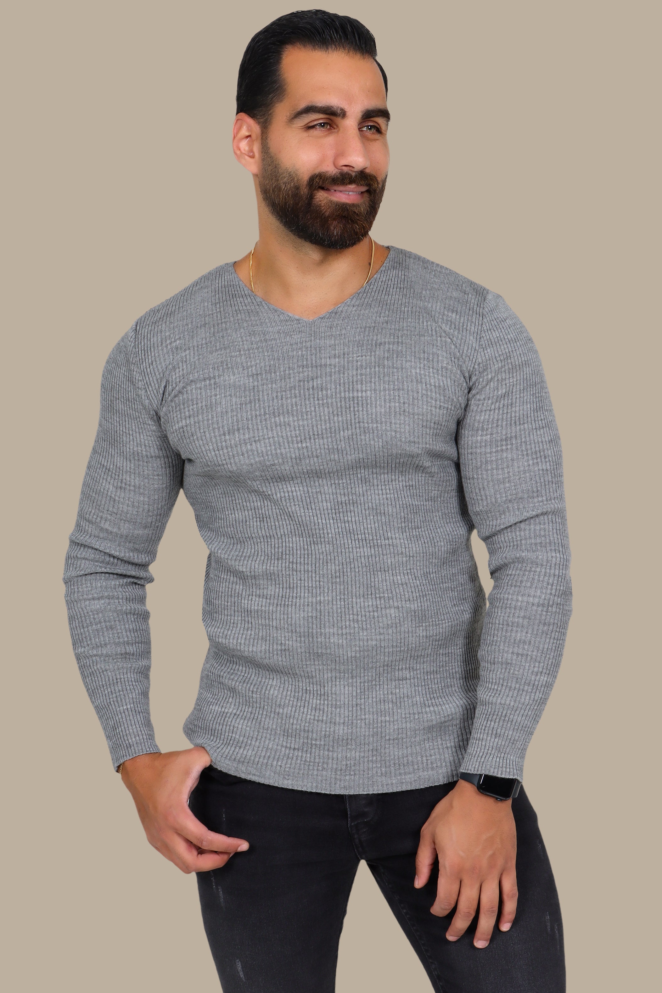 Gray Ribbed V-Neck Sweater