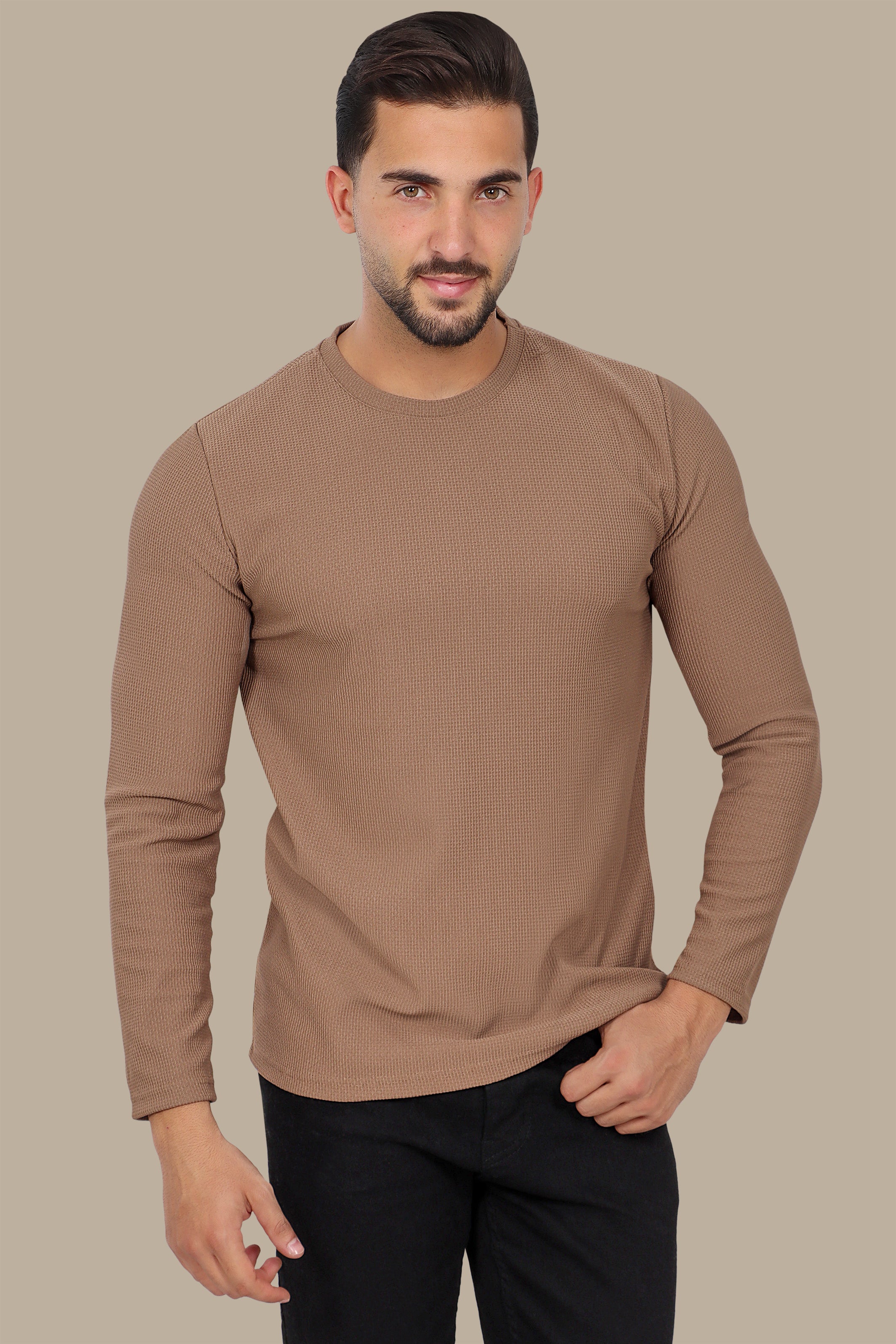 Light Brown Round Neck Structured Sweater