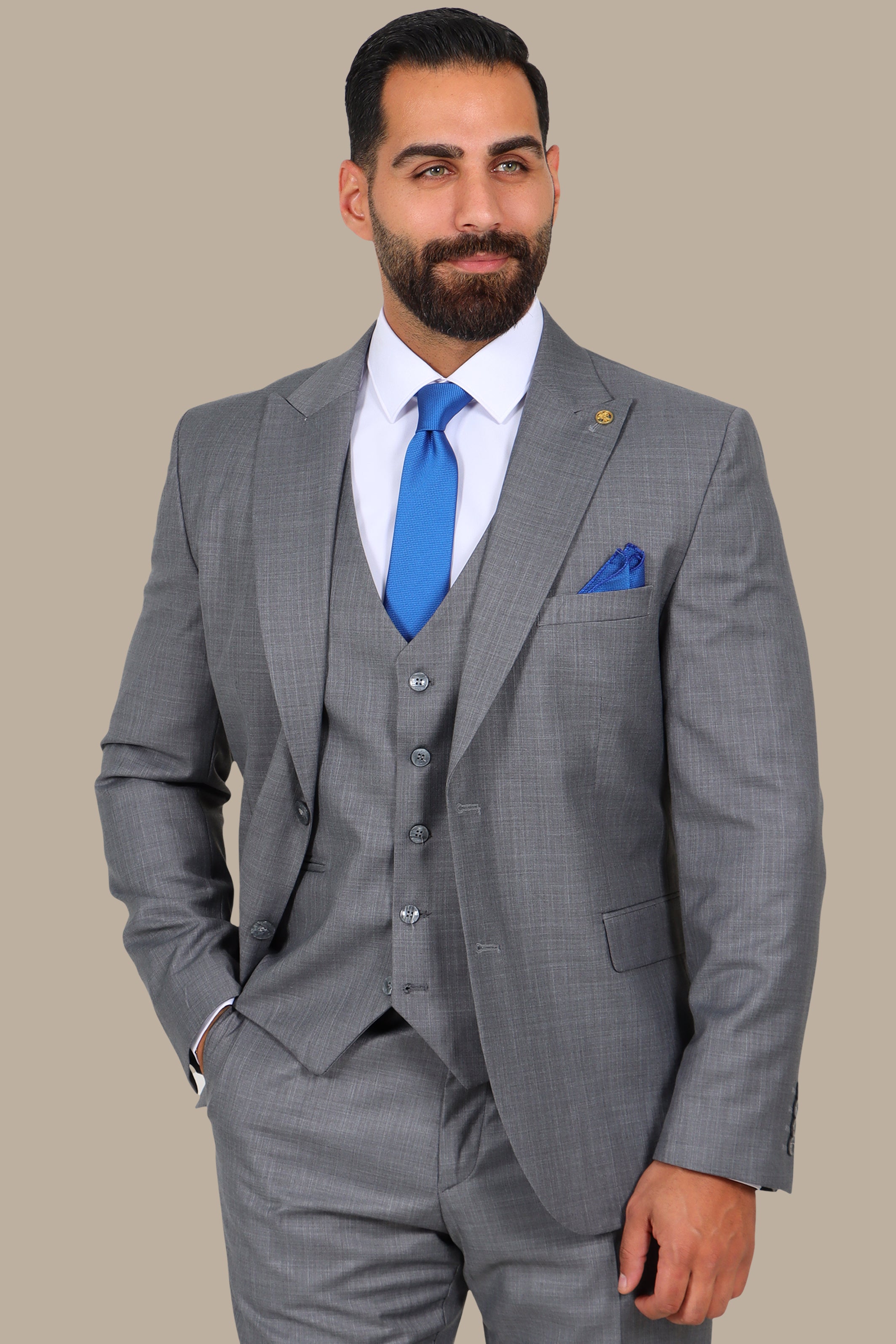 Grey 3-Piece Fil à Fil Peak Lapel Suit