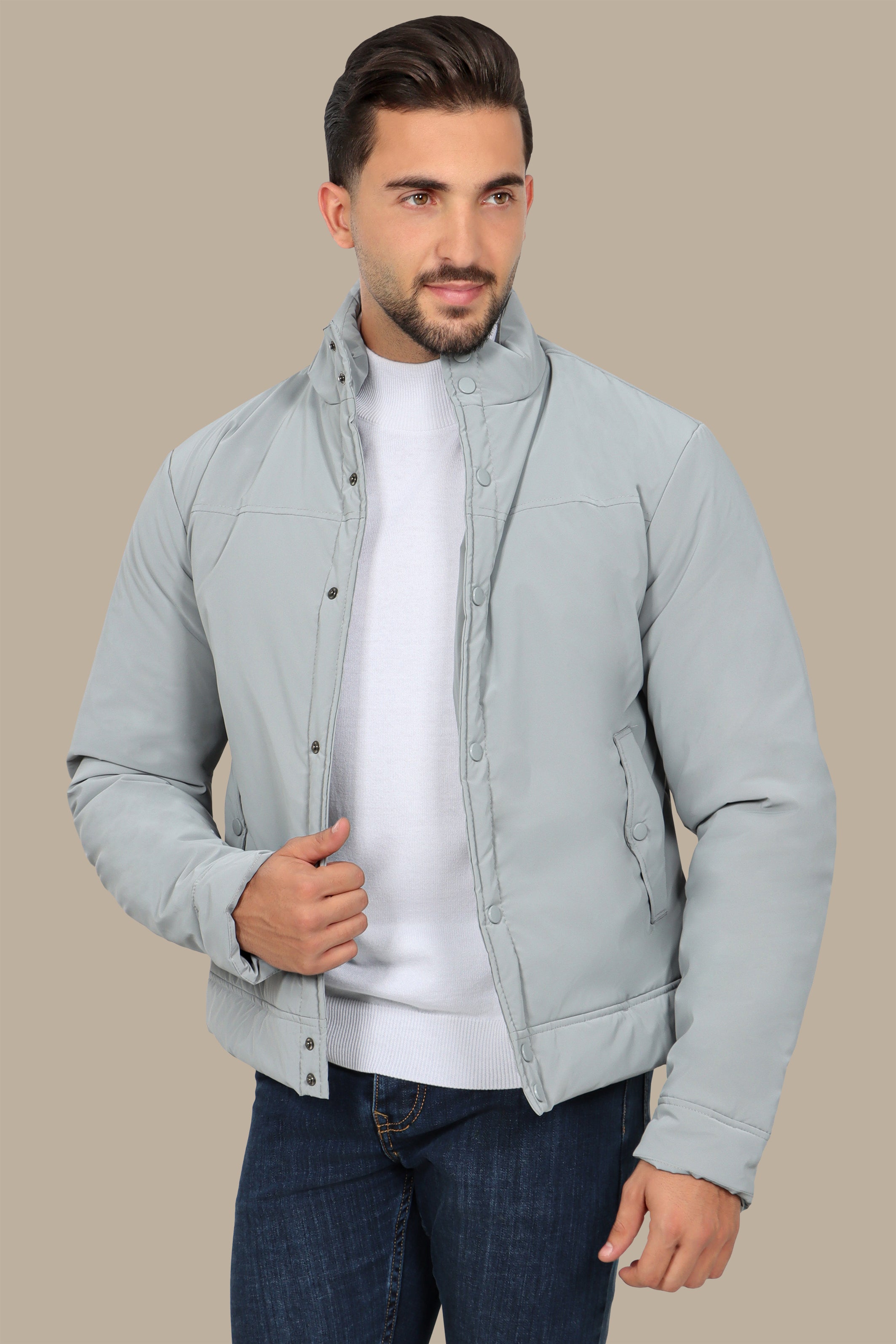 Grey Full Button Puffer Jacket