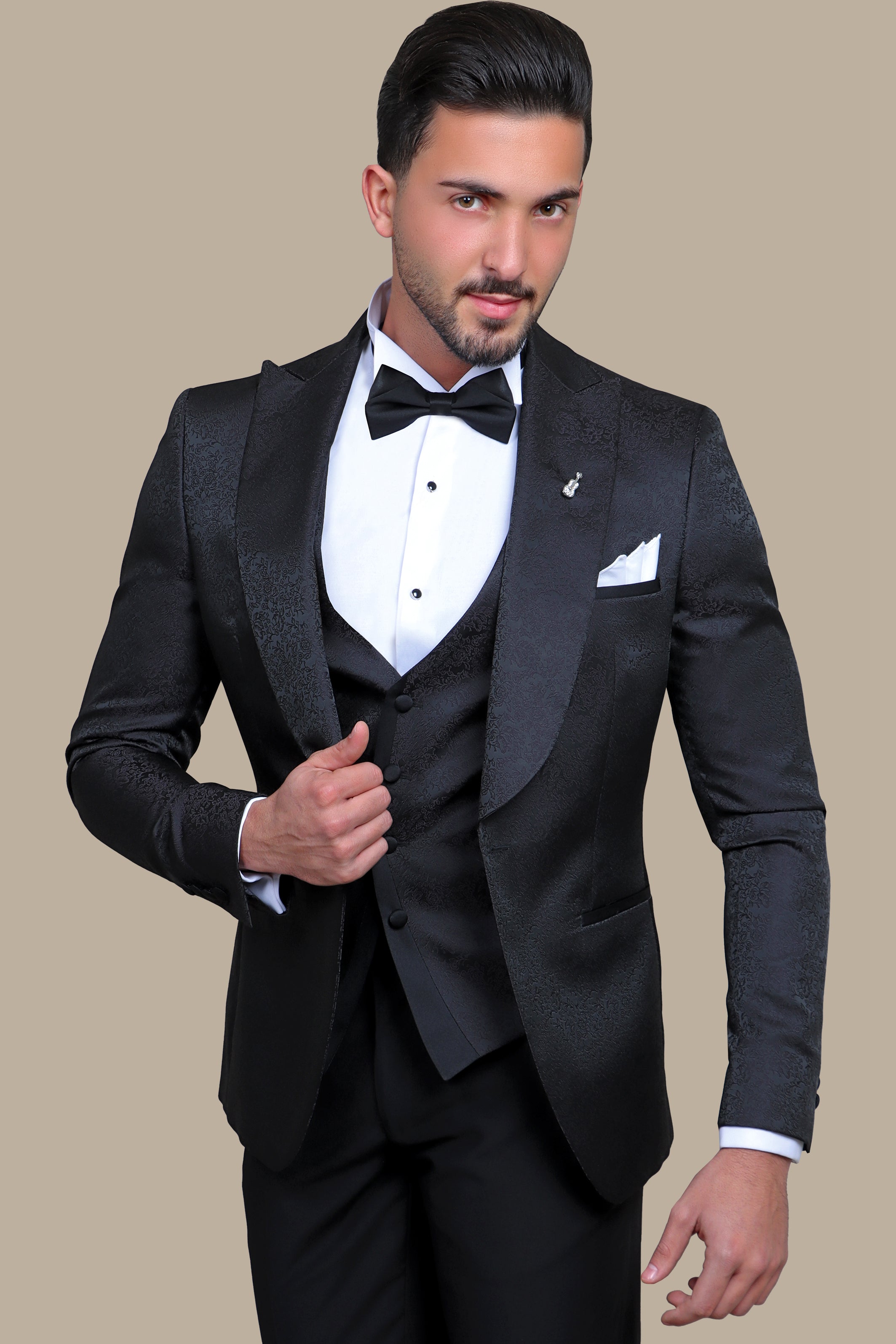 Floral Noir: FV Special Collection Tuxedo Suit in Black