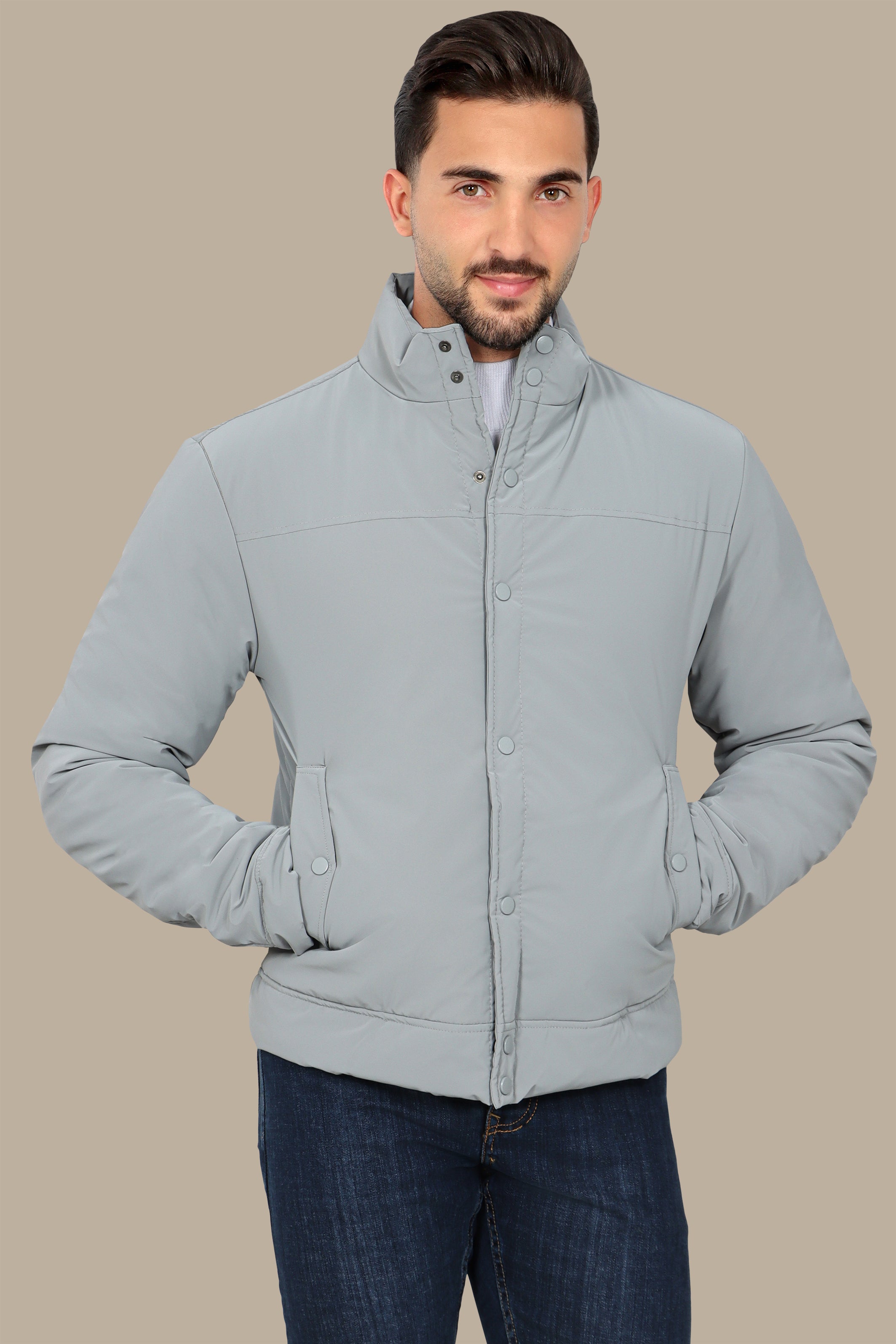 Grey Full Button Puffer Jacket