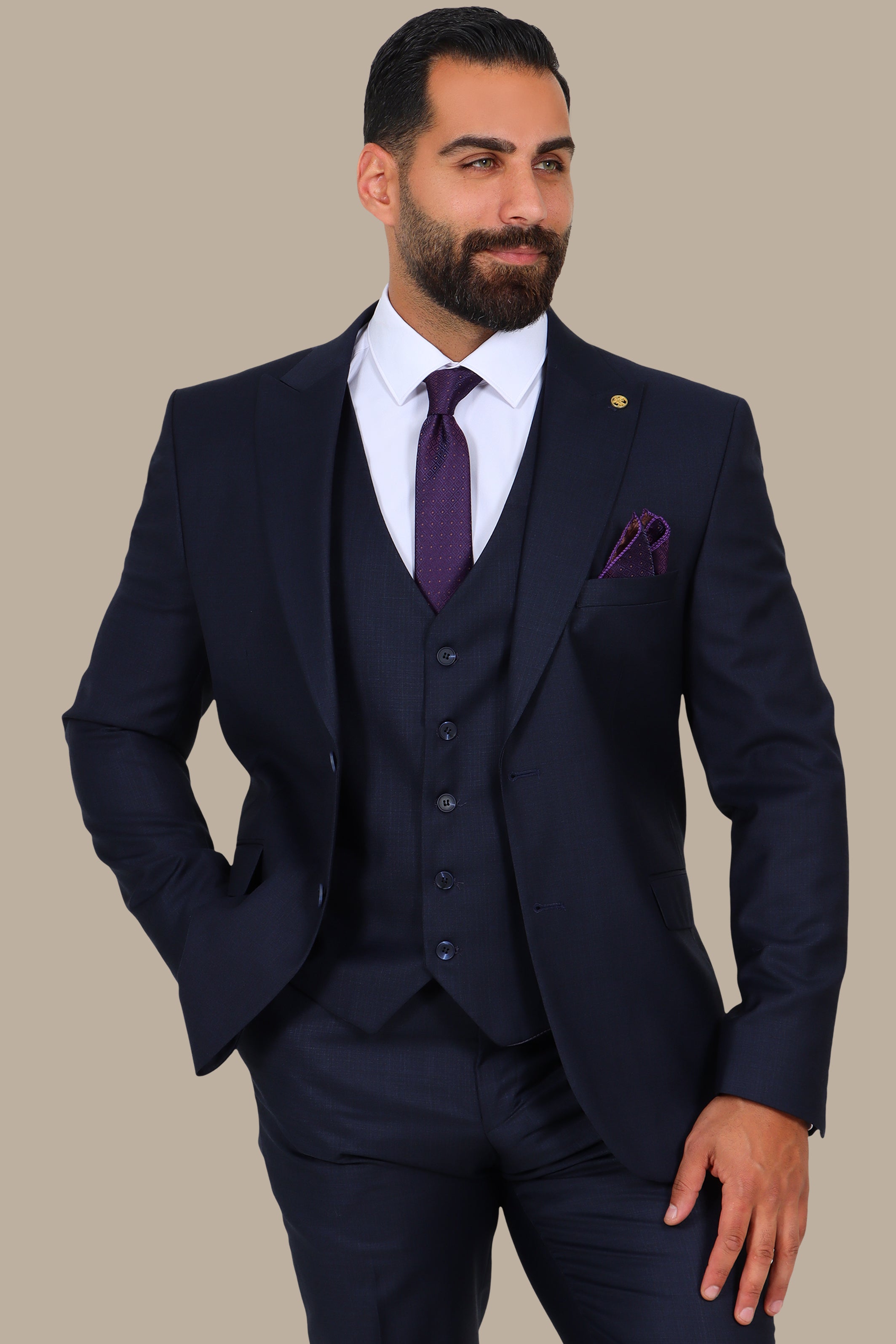 Dark Navy 3-Piece Fil à Fil Peak Lapel Suit