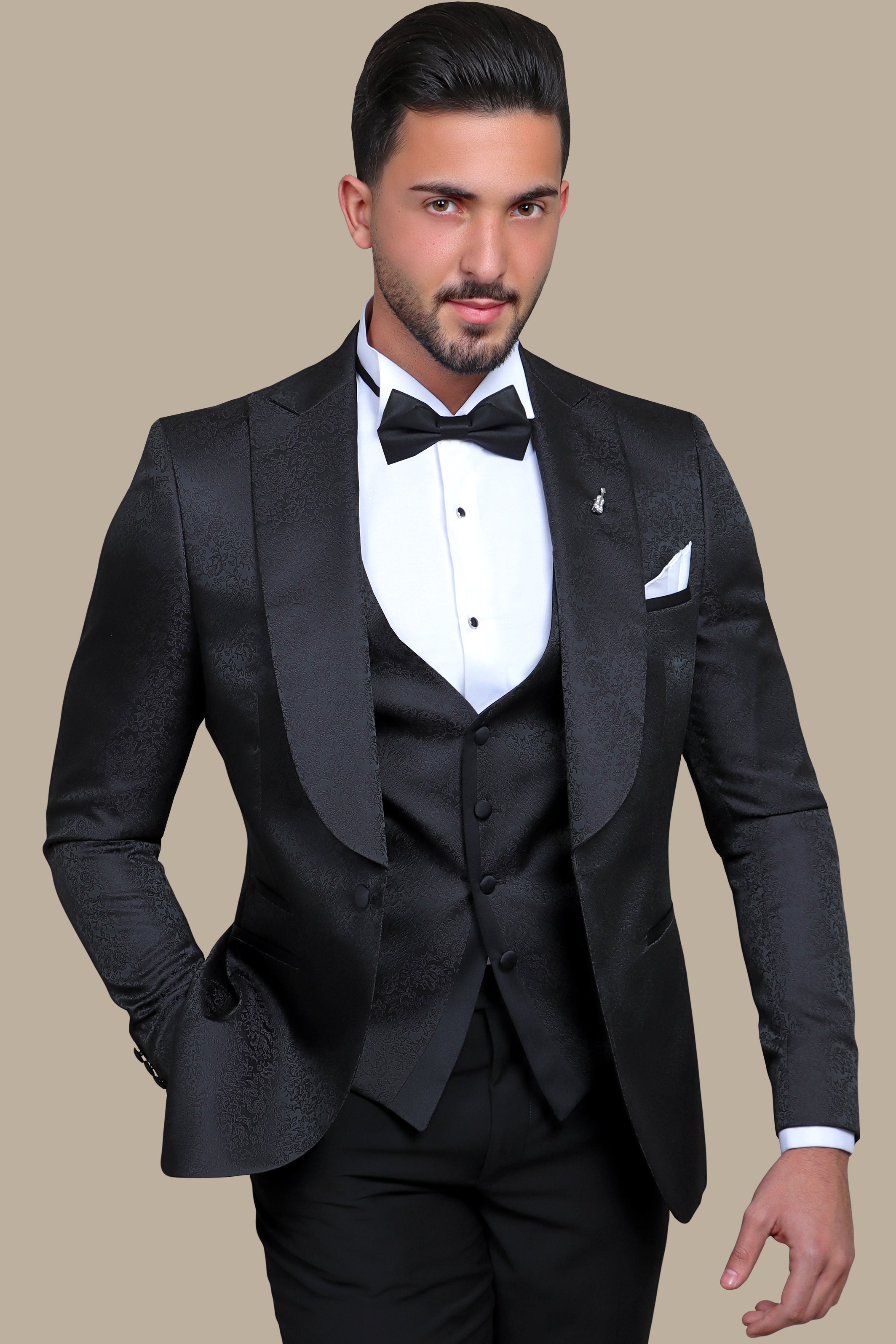 Floral Noir: FV Special Collection Tuxedo Suit in Black