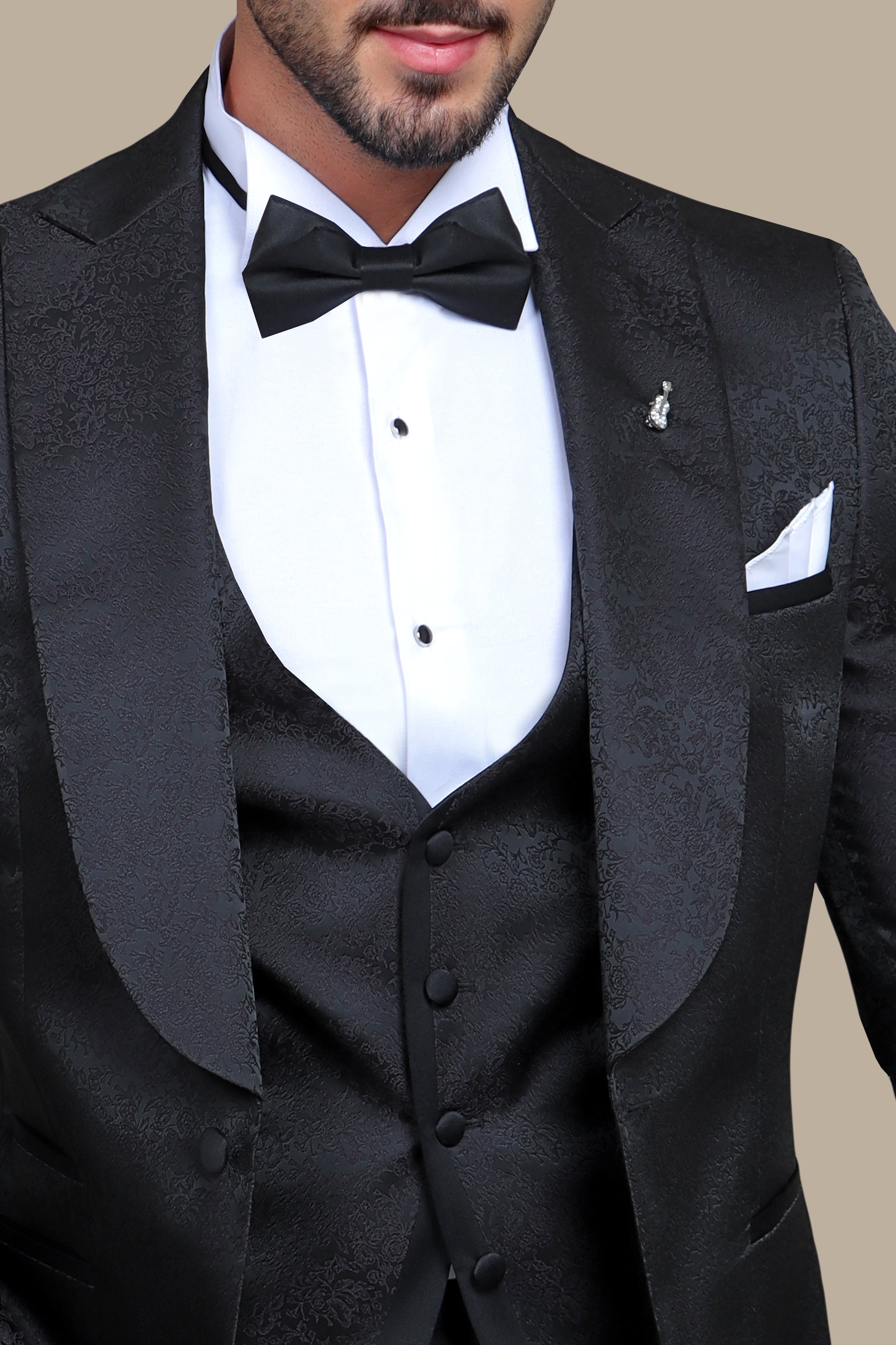 Floral Noir: FV Special Collection Tuxedo Suit in Black