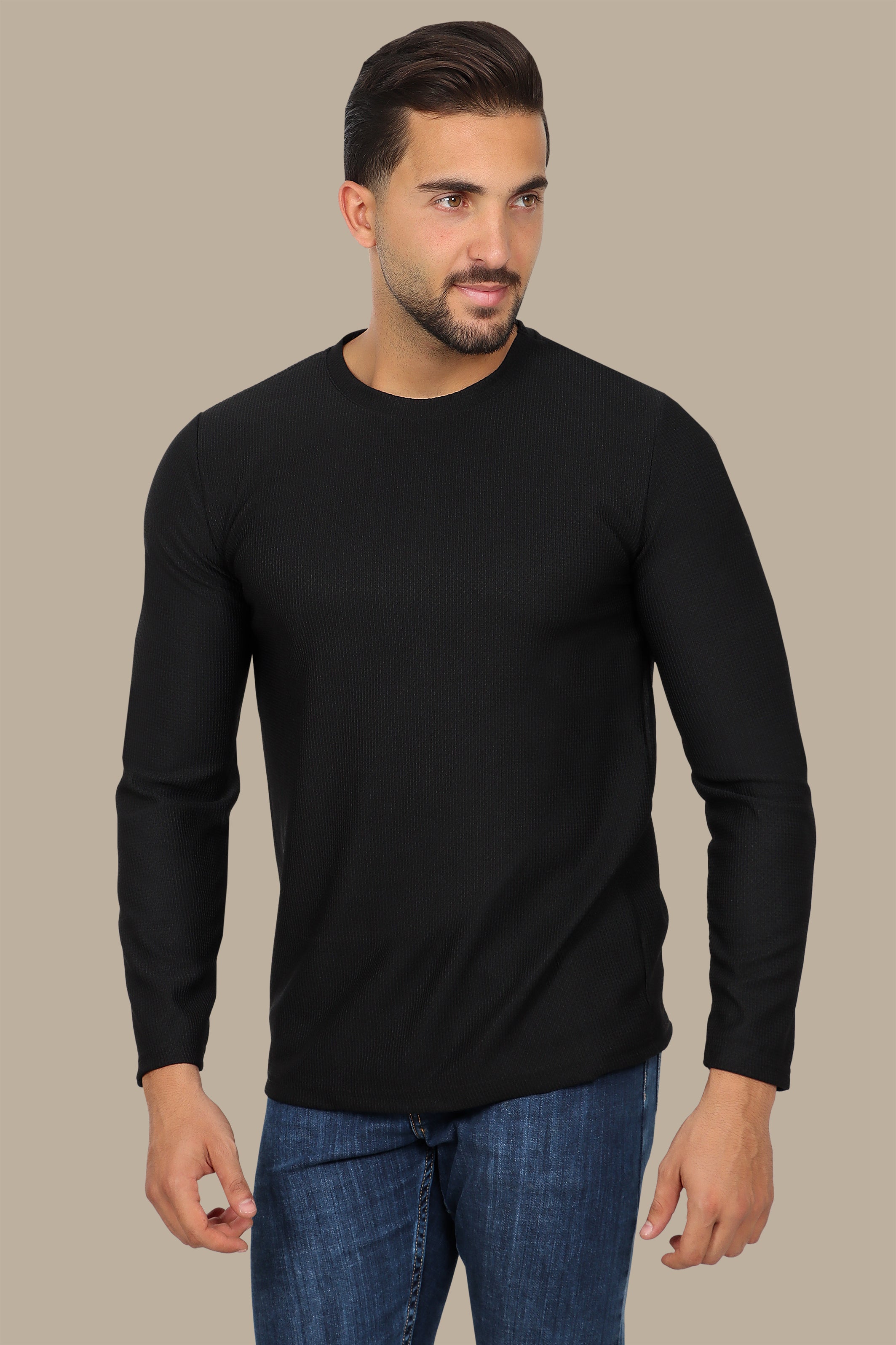 Round Neck Black Sweater with Structured Long Sleeves