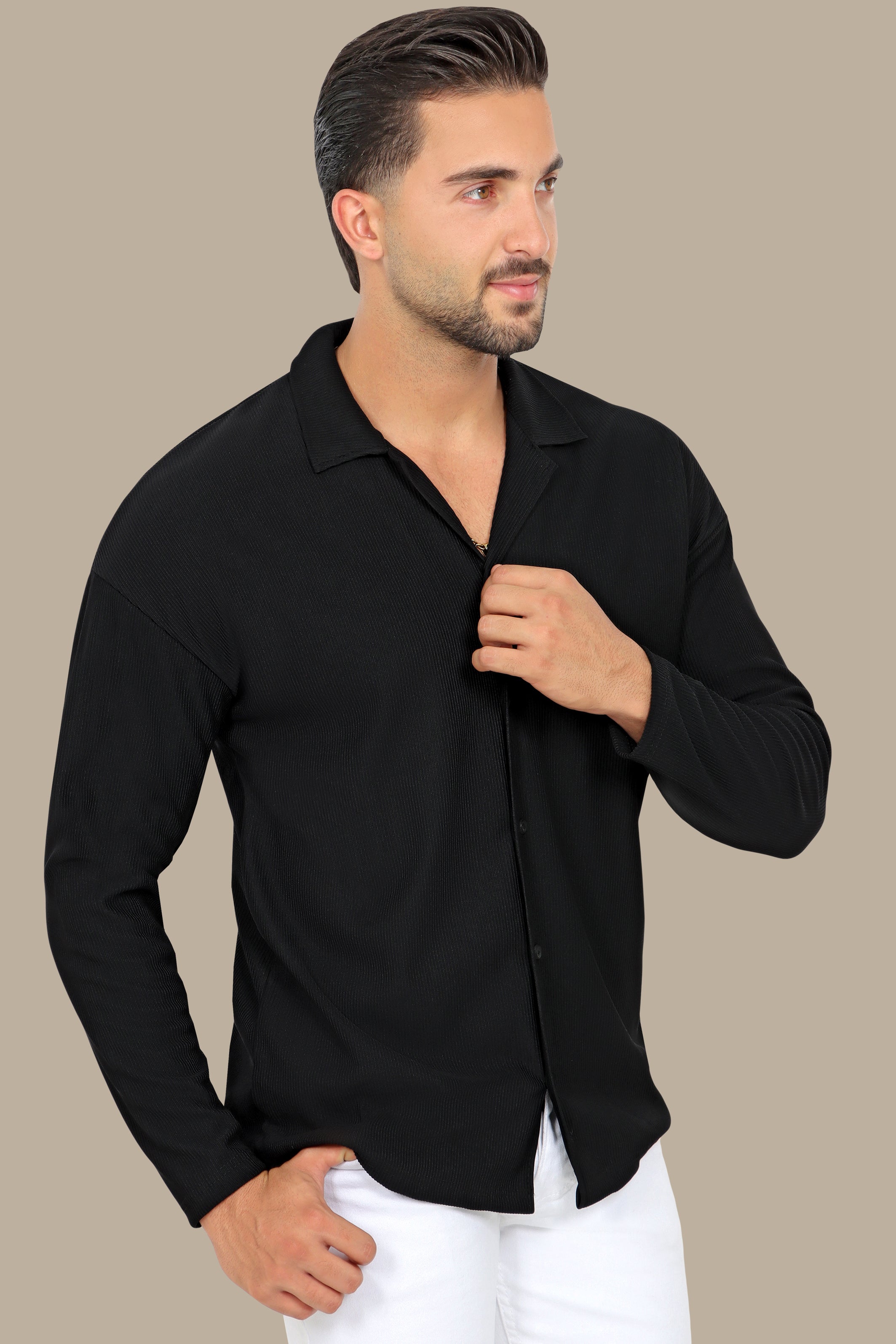 Black Ribbed Plain Shirt