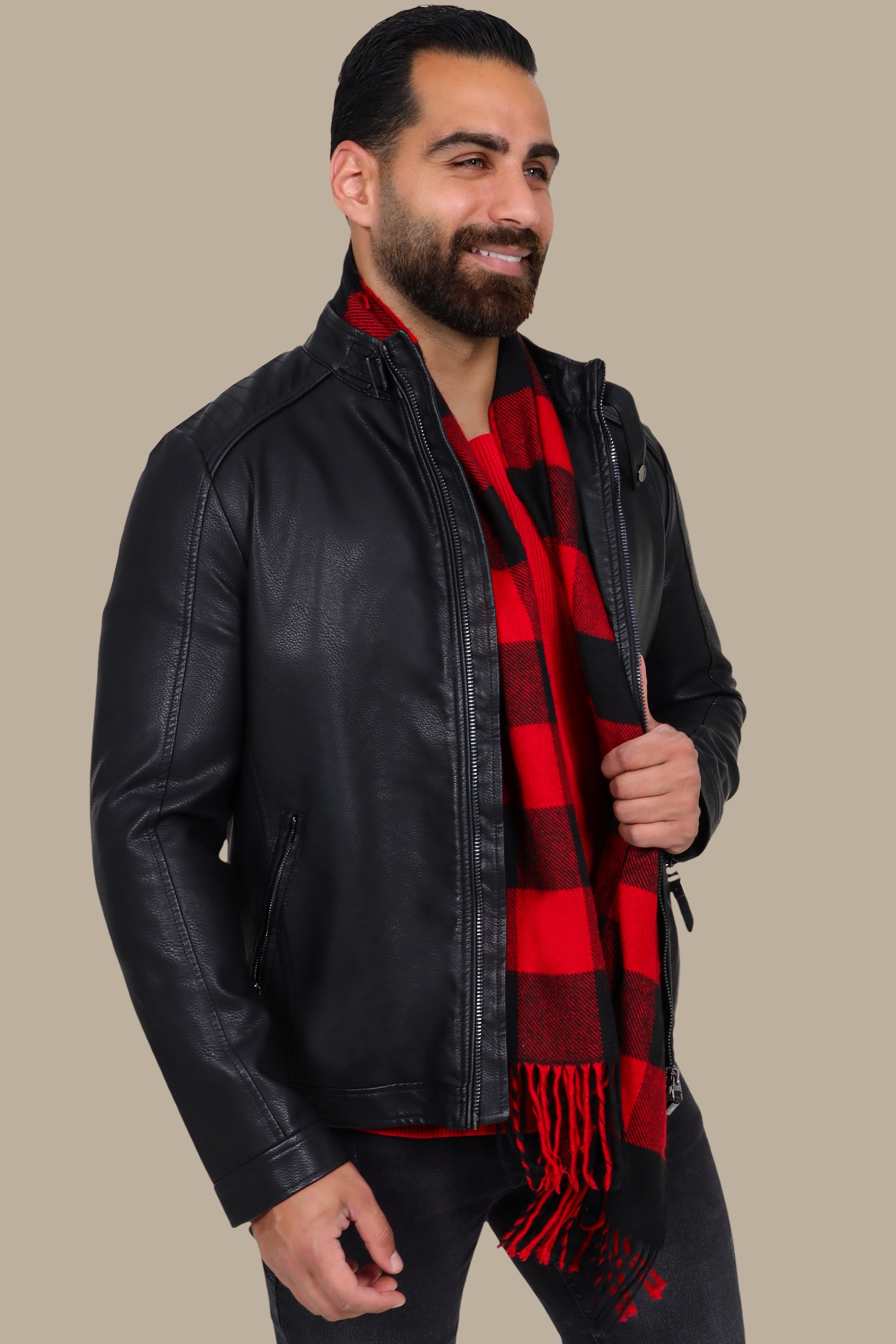 Black Leather Jacket with Mao Collar and Buckle Detail