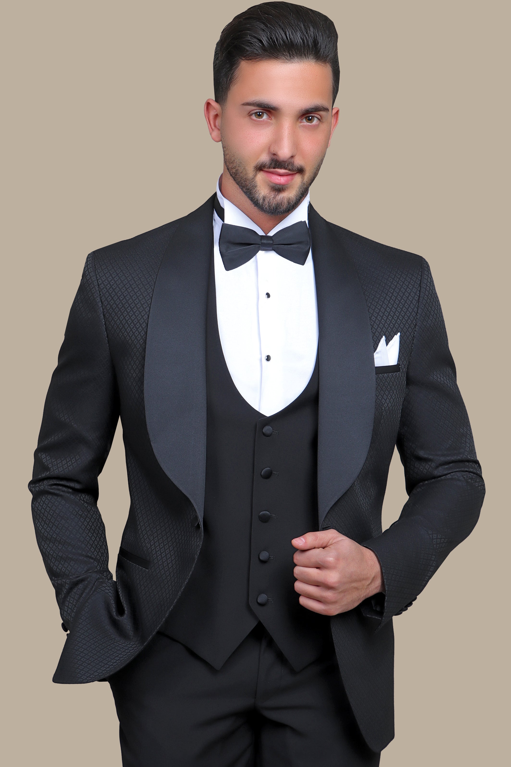 Timeless Opulence: Special FV Collection 3-Piece Black Tie Tuxedo with Distinctive Pattern