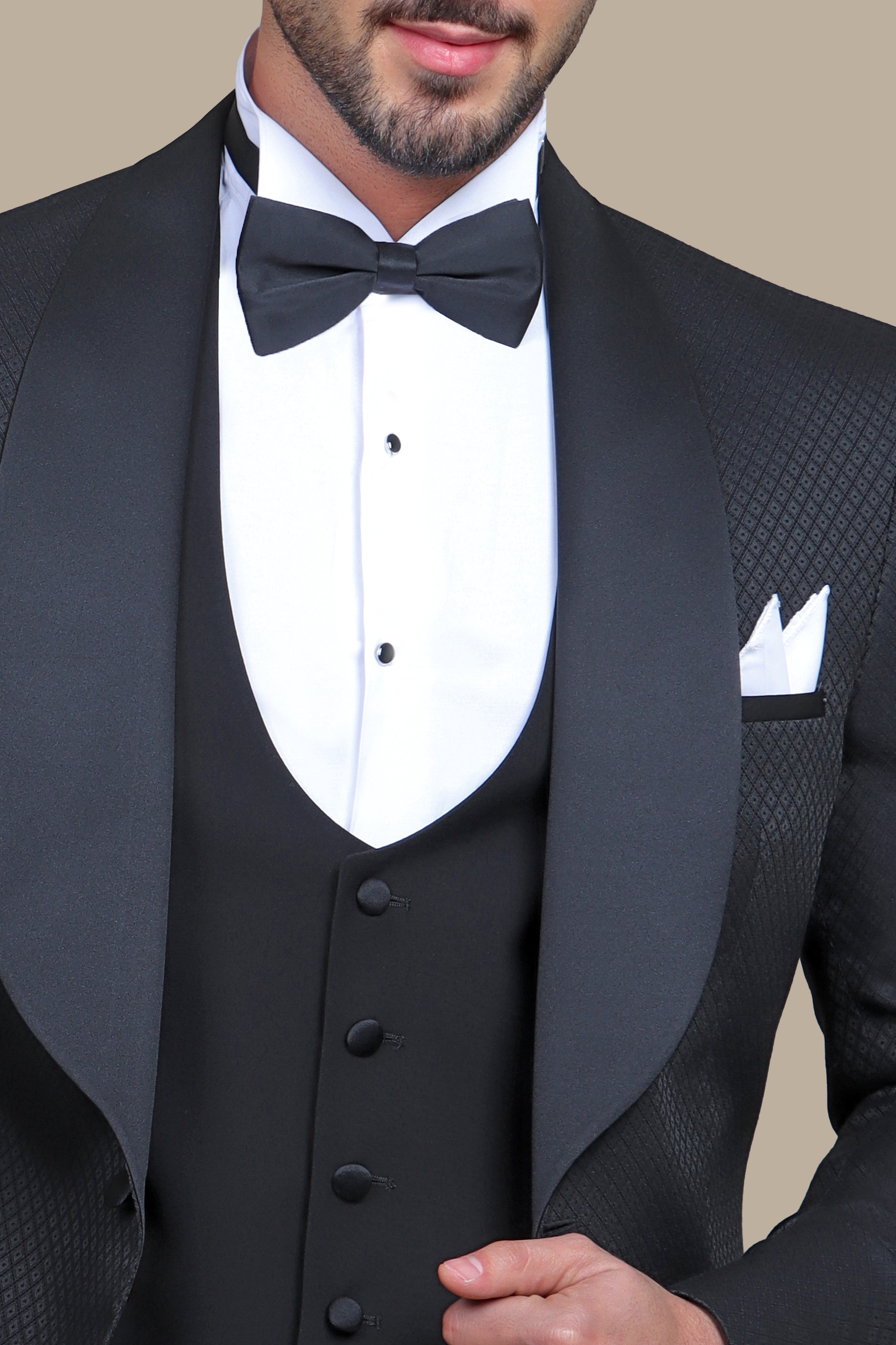 Timeless Opulence: Special FV Collection 3-Piece Black Tie Tuxedo with Distinctive Pattern