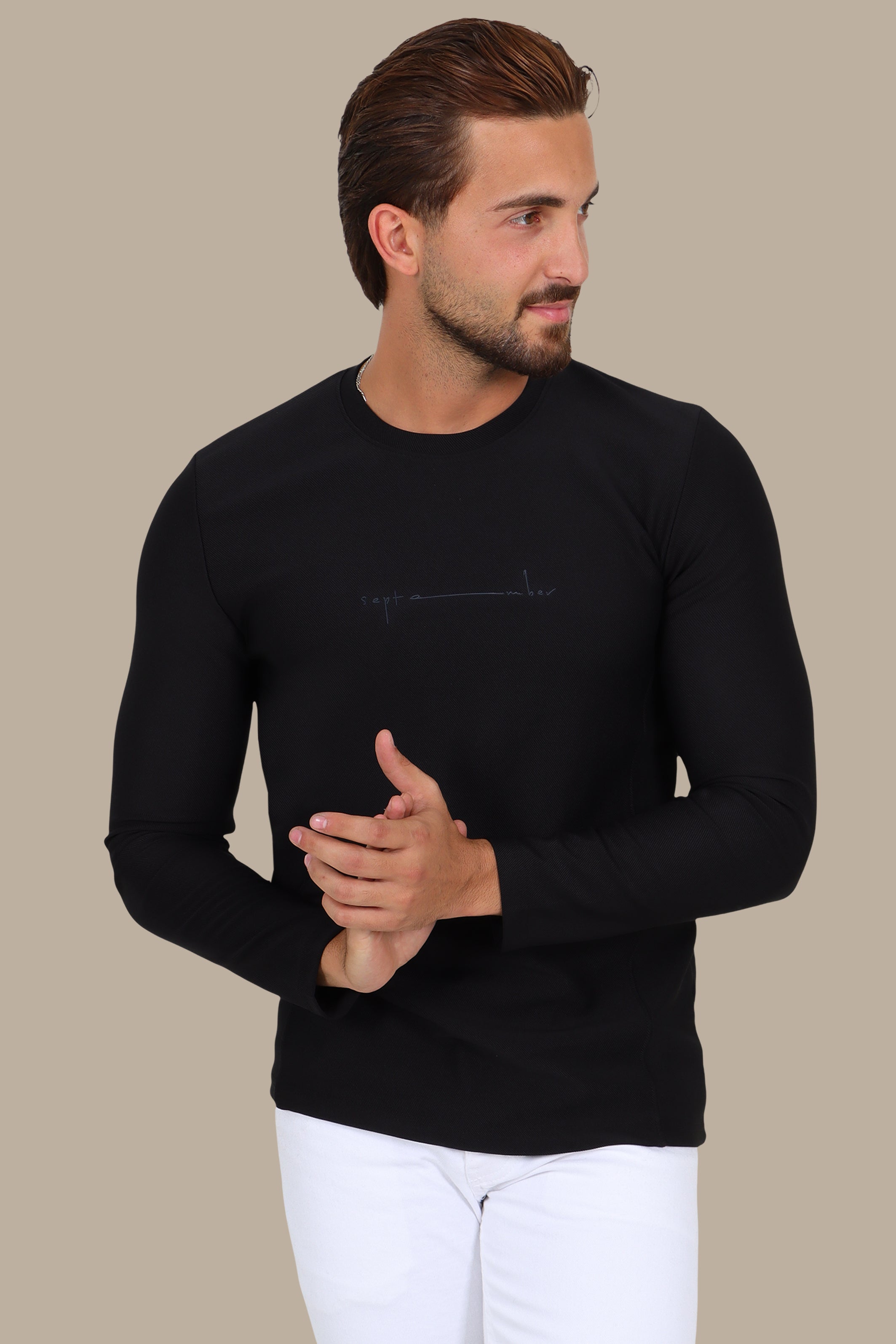 Black “September” Diagonal-Textured Long Sleeve