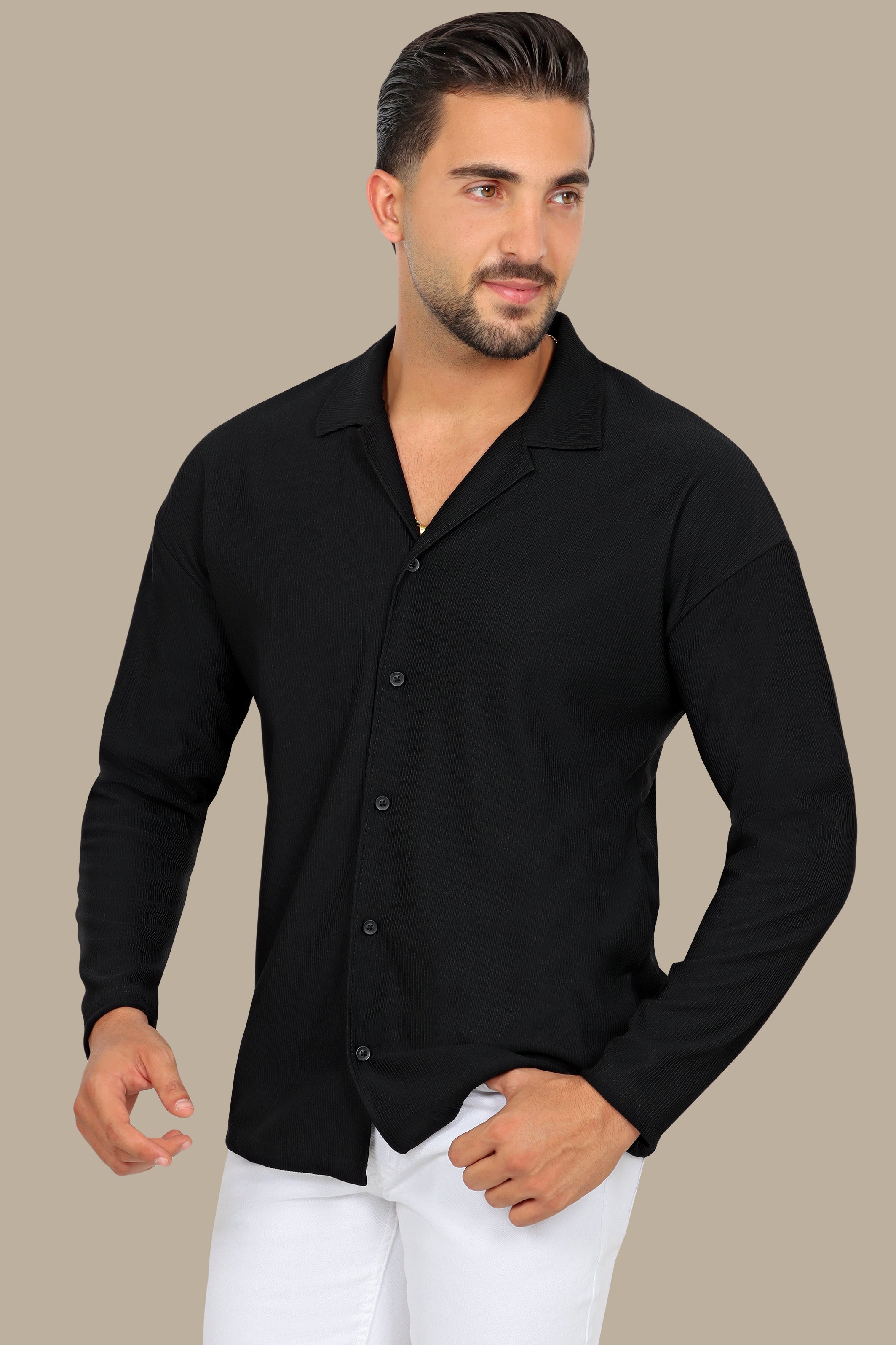 Black Ribbed Plain Shirt