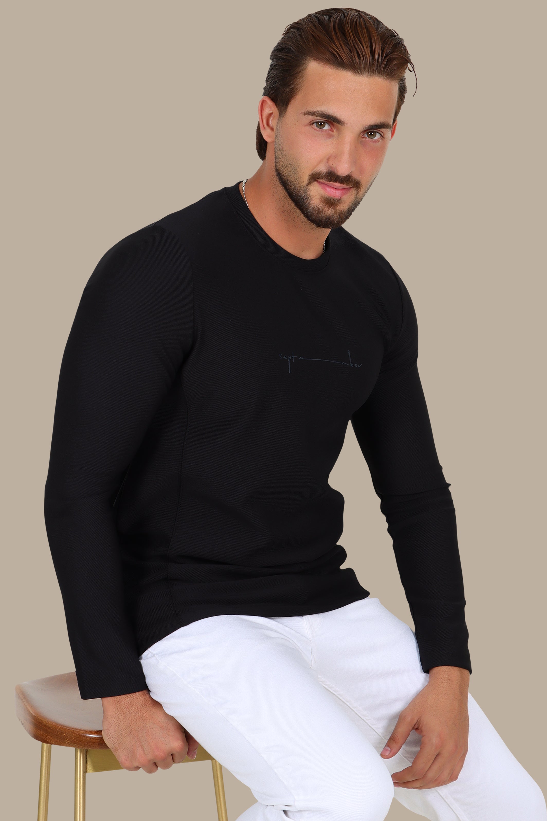 Black “September” Diagonal-Textured Long Sleeve