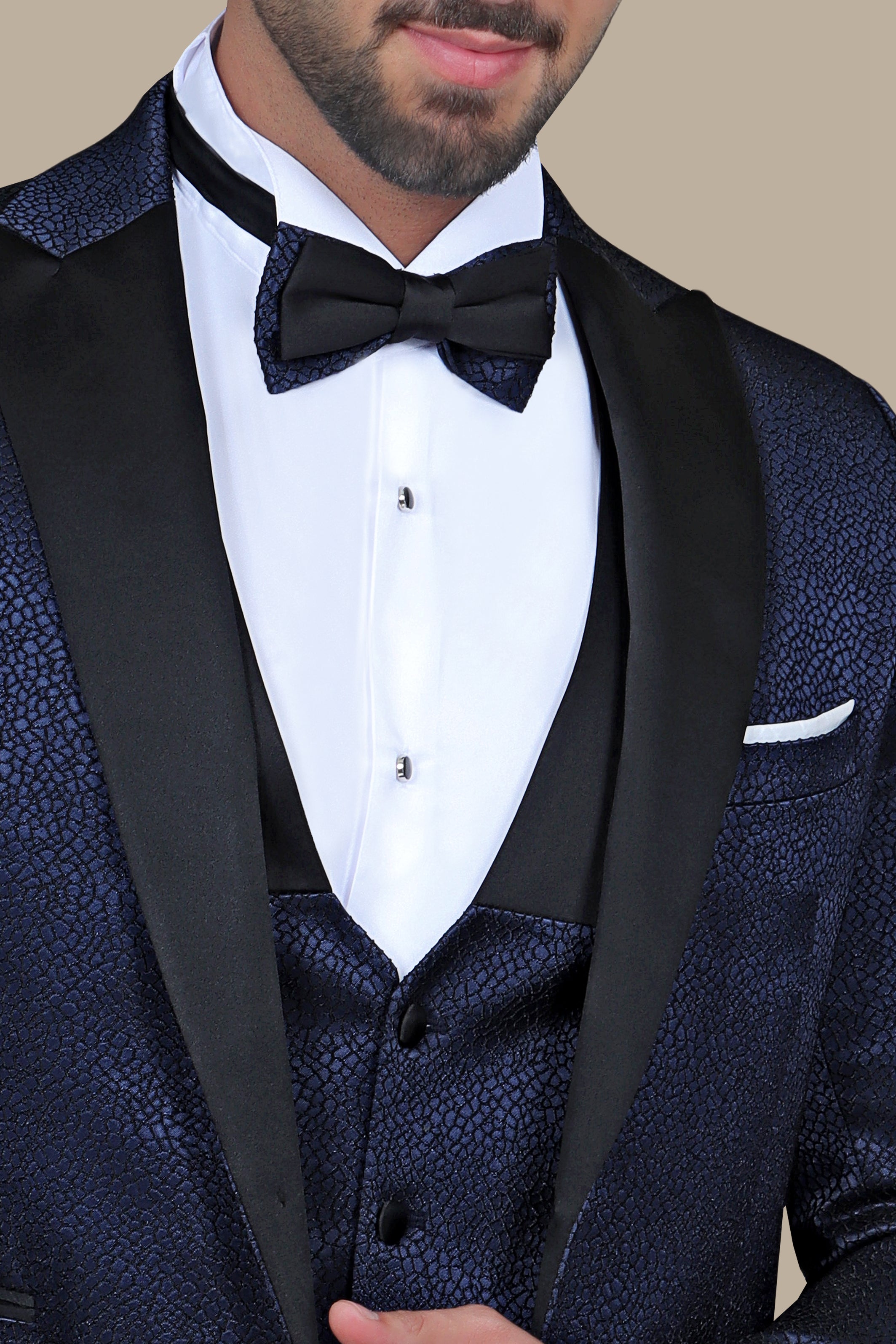 Elegant Navy Tuxedo Jacquard 4-Piece Set