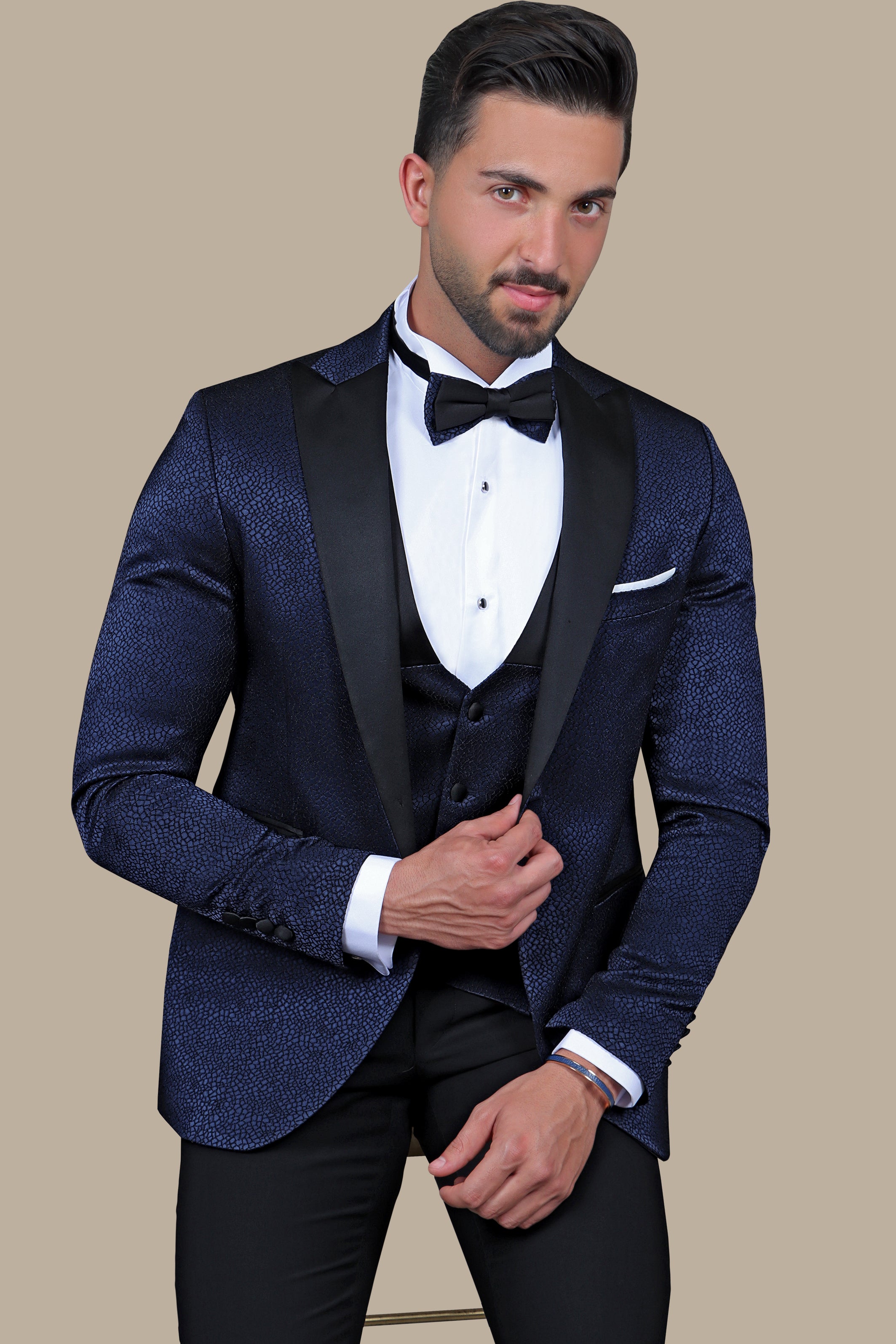 Elegant Navy Tuxedo Jacquard 4-Piece Set