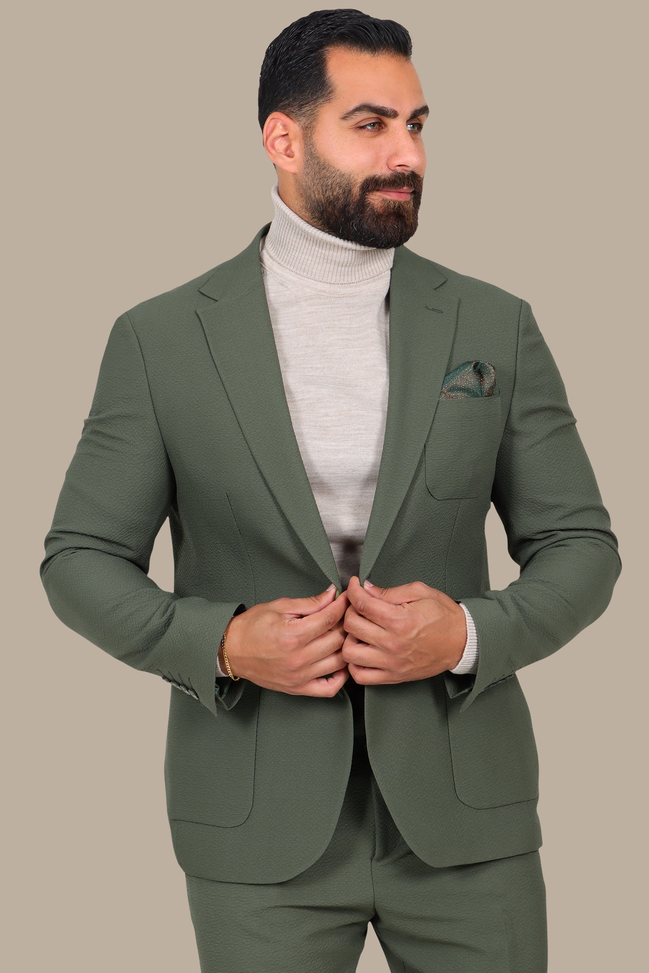 Olive Notch Lapel Travel Suit – 2-Piece
