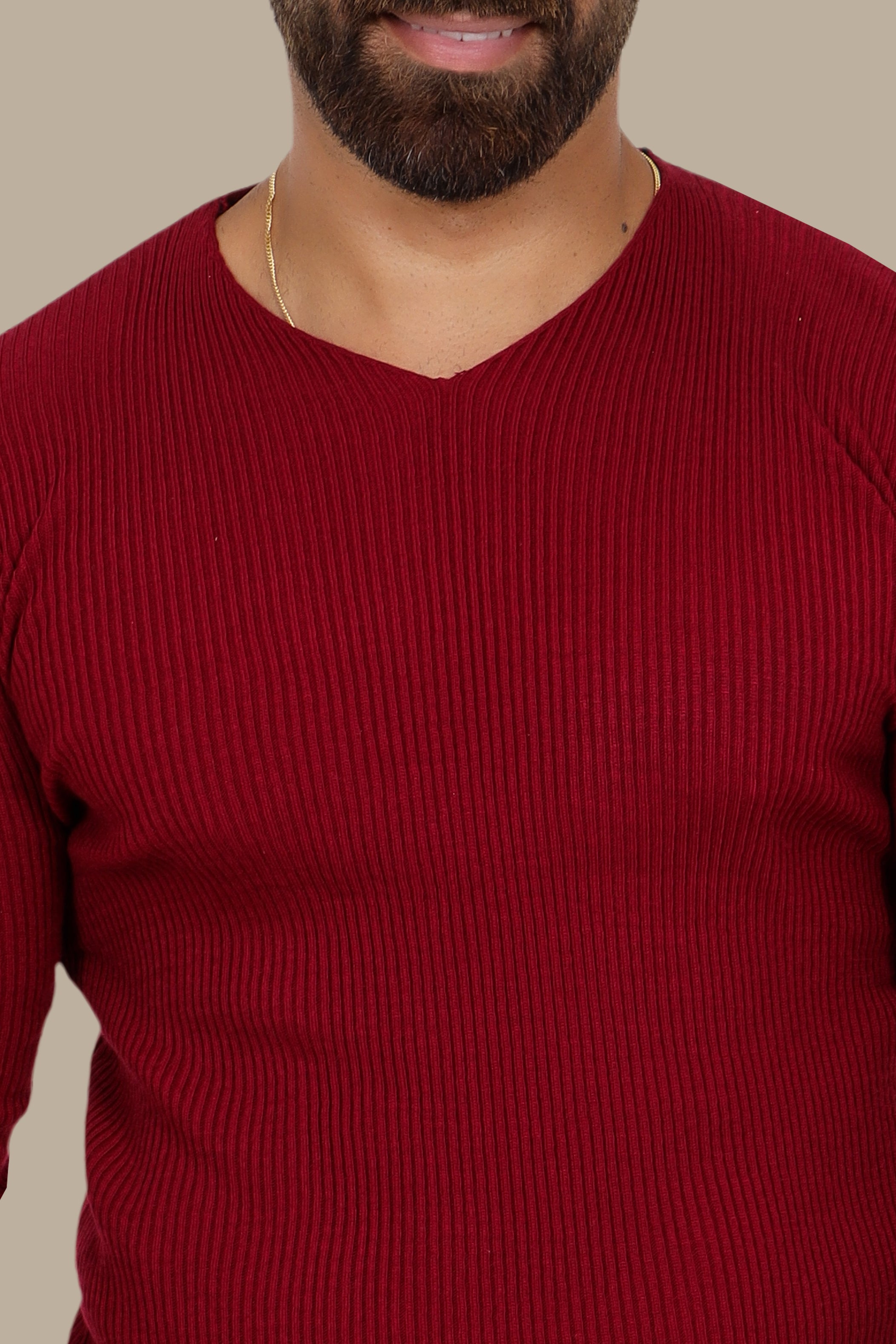 Classic Elegance: Bordeaux Ribbed V-Neck Sweater