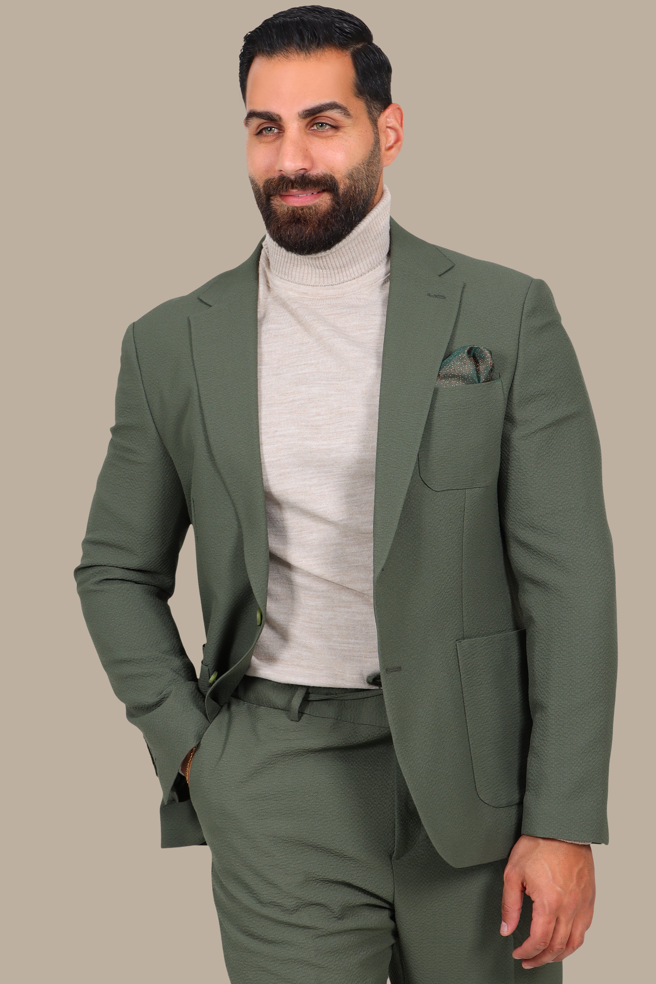 Olive Notch Lapel Travel Suit – 2-Piece