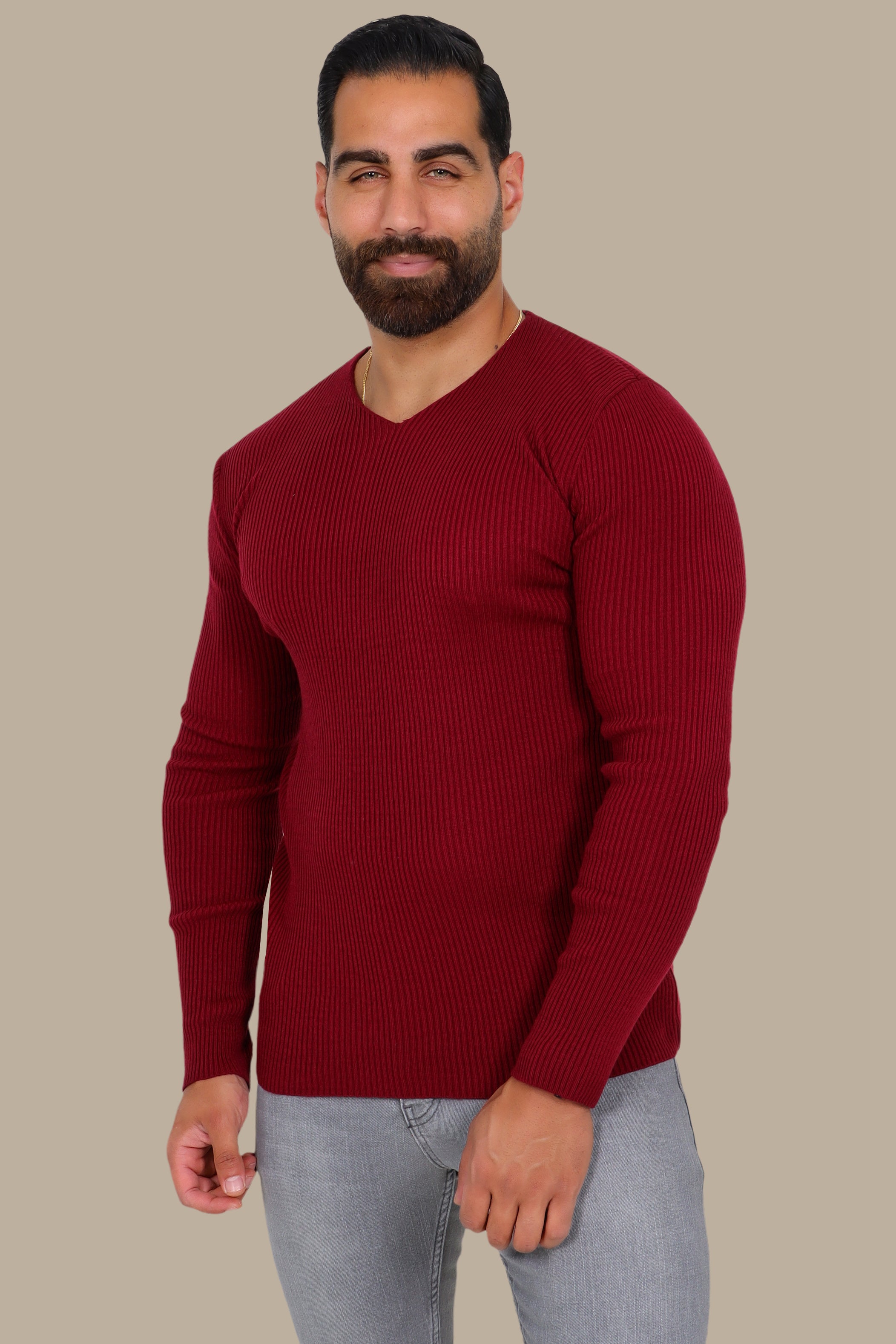 Classic Elegance: Bordeaux Ribbed V-Neck Sweater