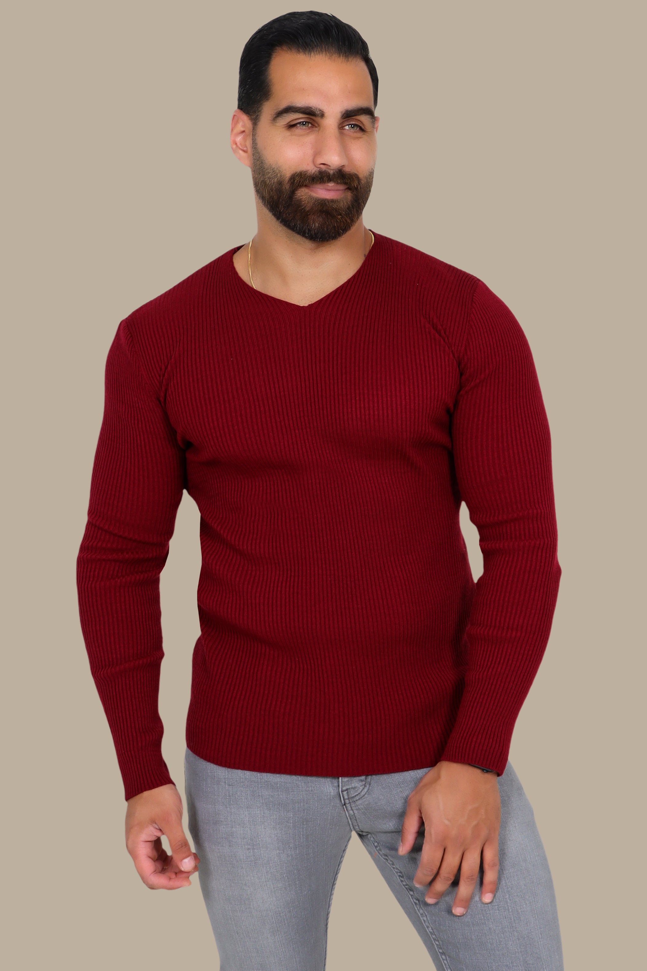 Classic Elegance: Bordeaux Ribbed V-Neck Sweater