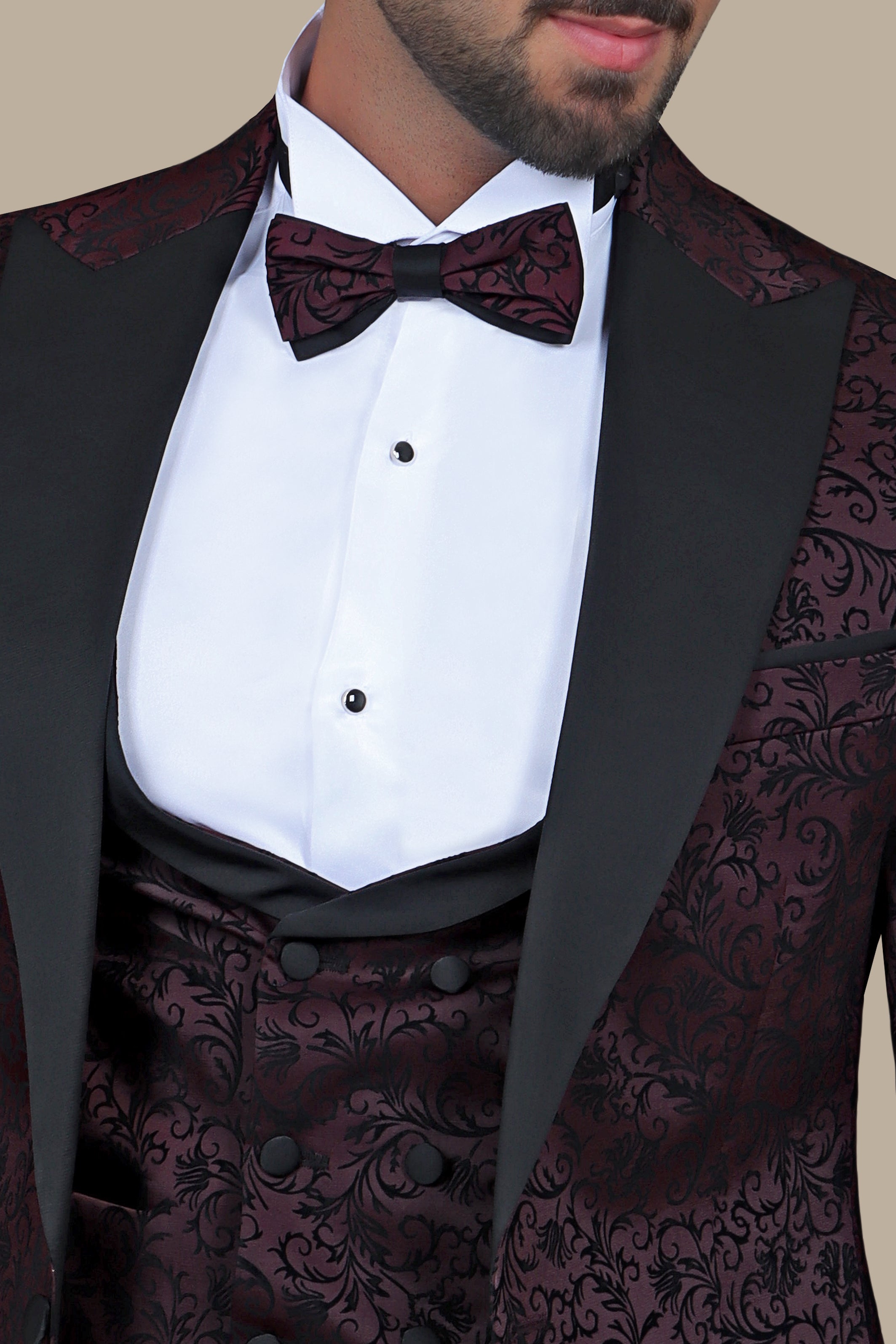 Burgundy Jacquard Leaf Tuxedo – 4 Piece Set