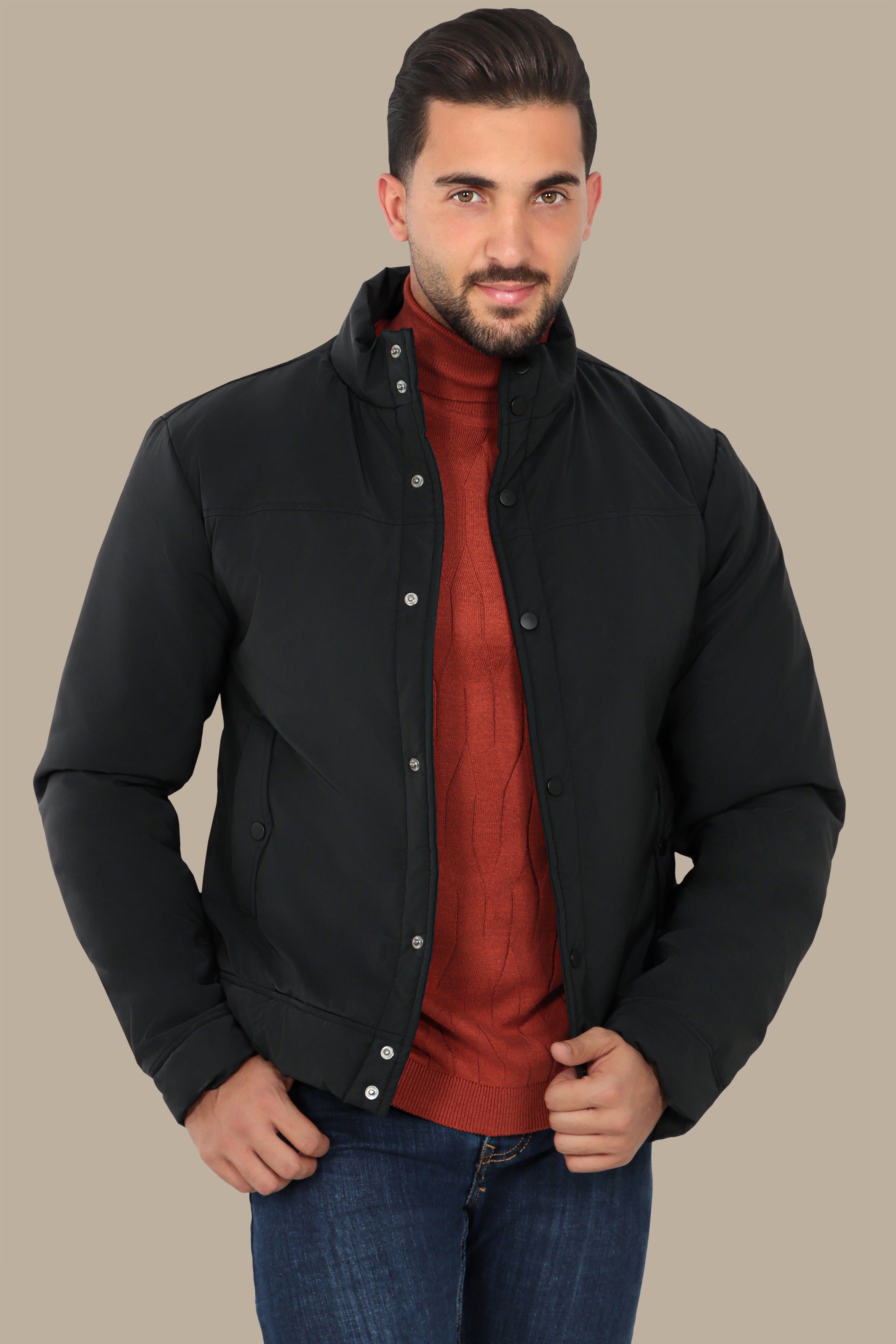 Black Full Button Puffer Jacket