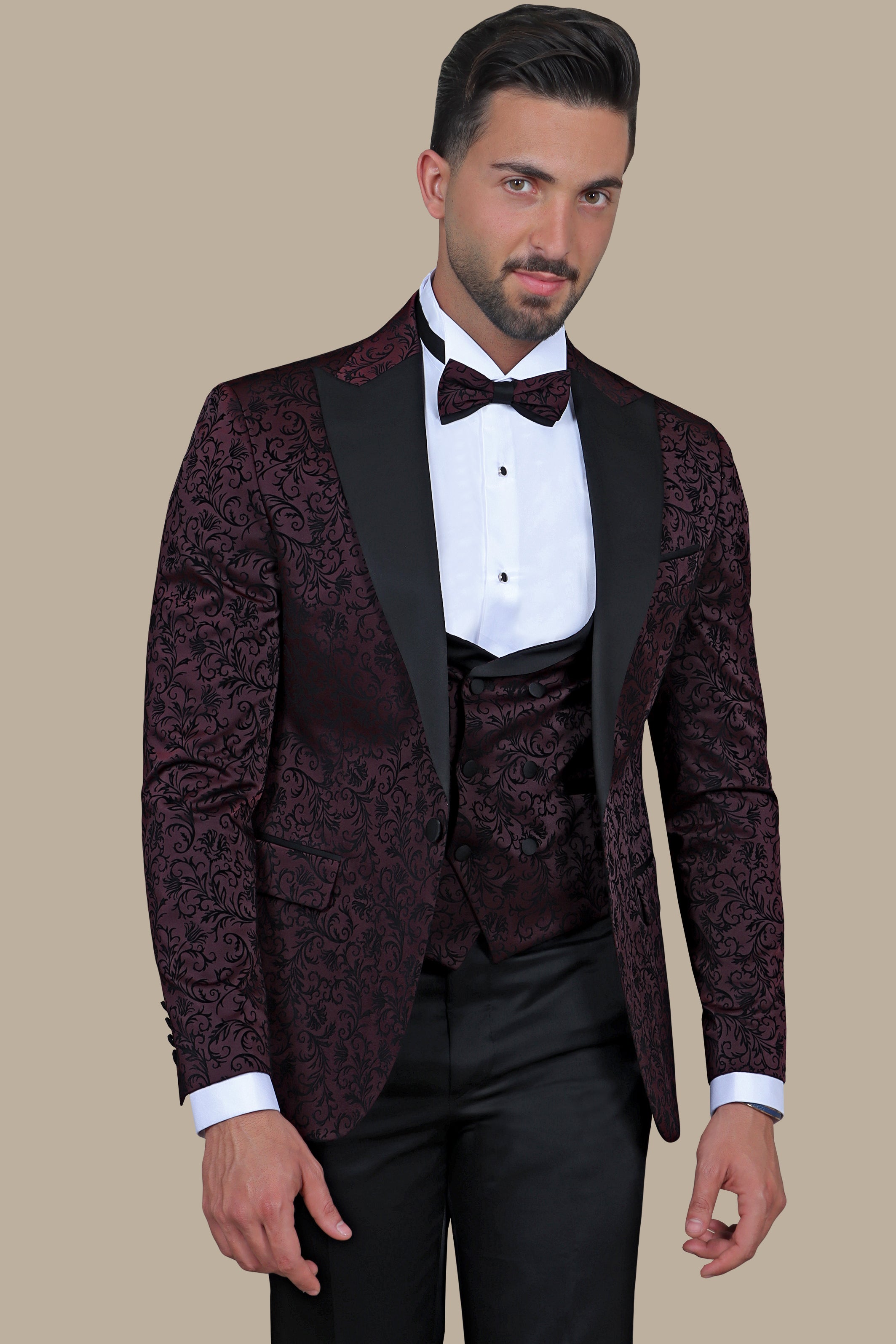 Burgundy Jacquard Leaf Tuxedo – 4 Piece Set