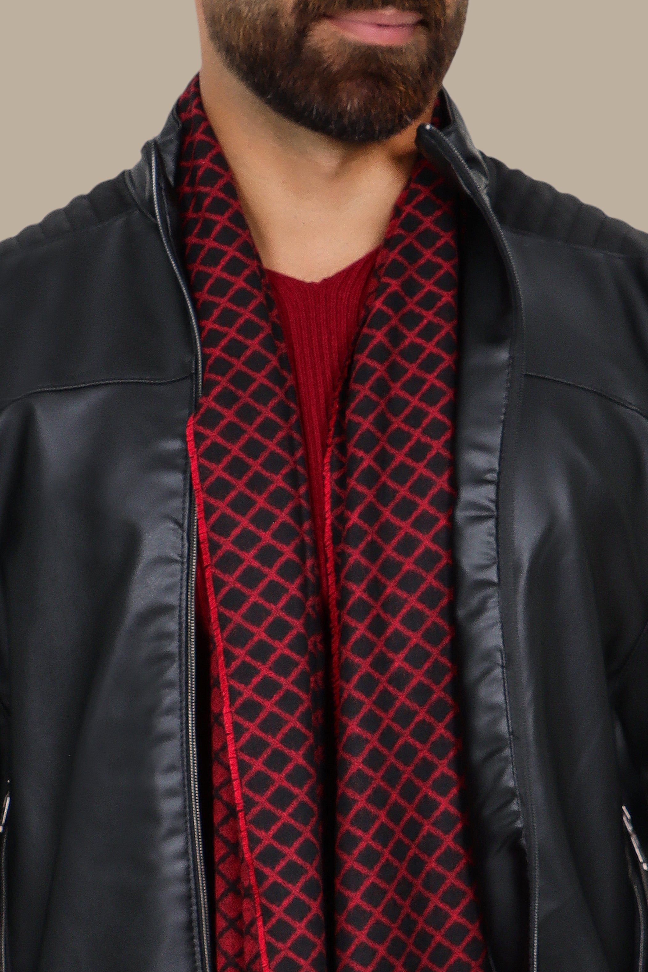 Black Faux Leather Mao Collar Jacket with Mixed Fabric