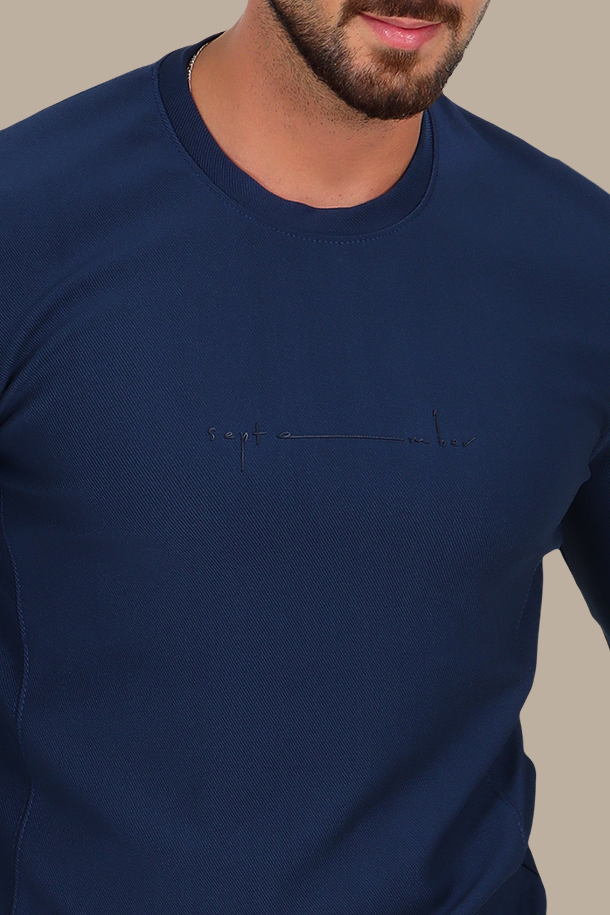 Blue “September” Diagonal-Textured Long Sleeve