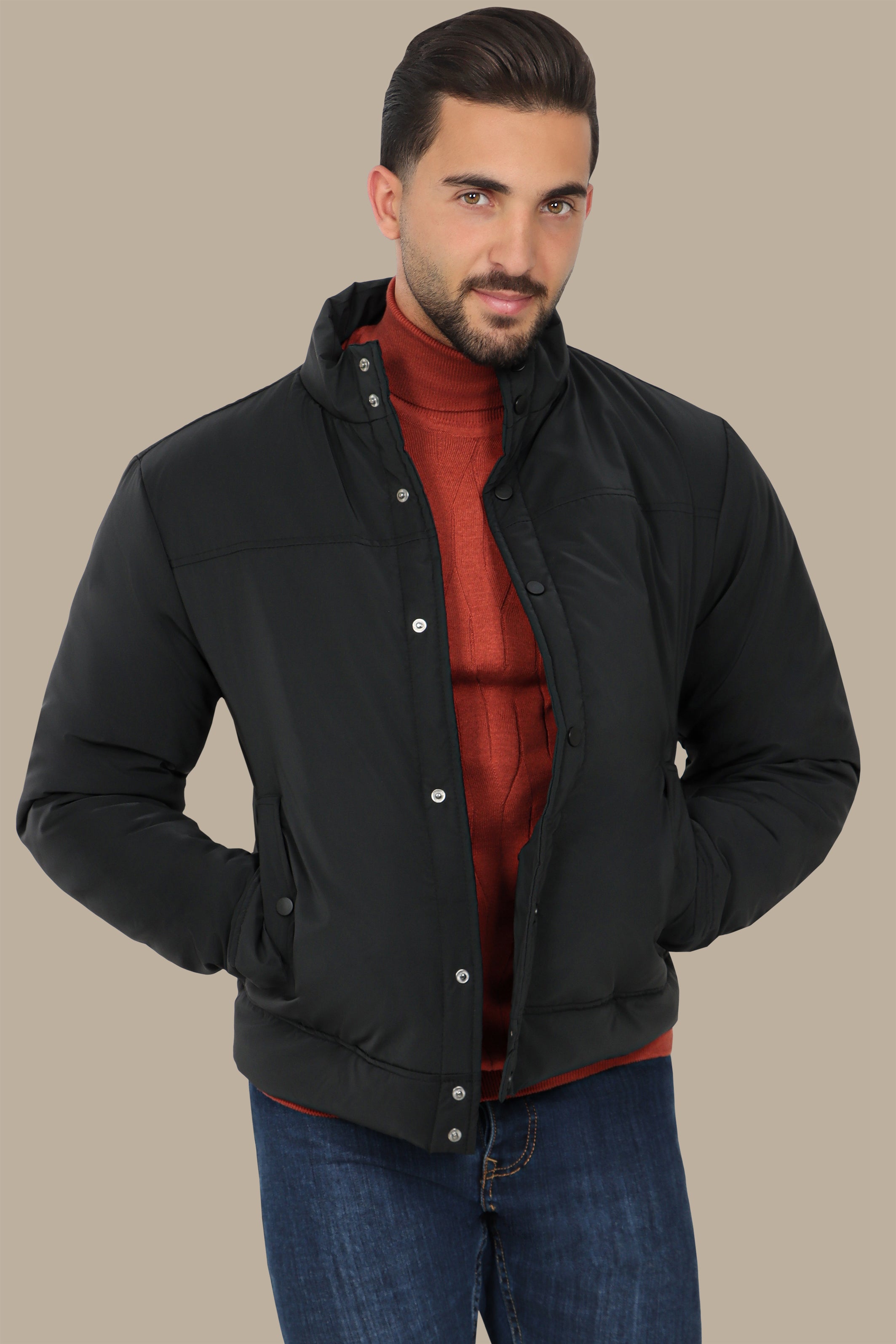 Black Full Button Puffer Jacket