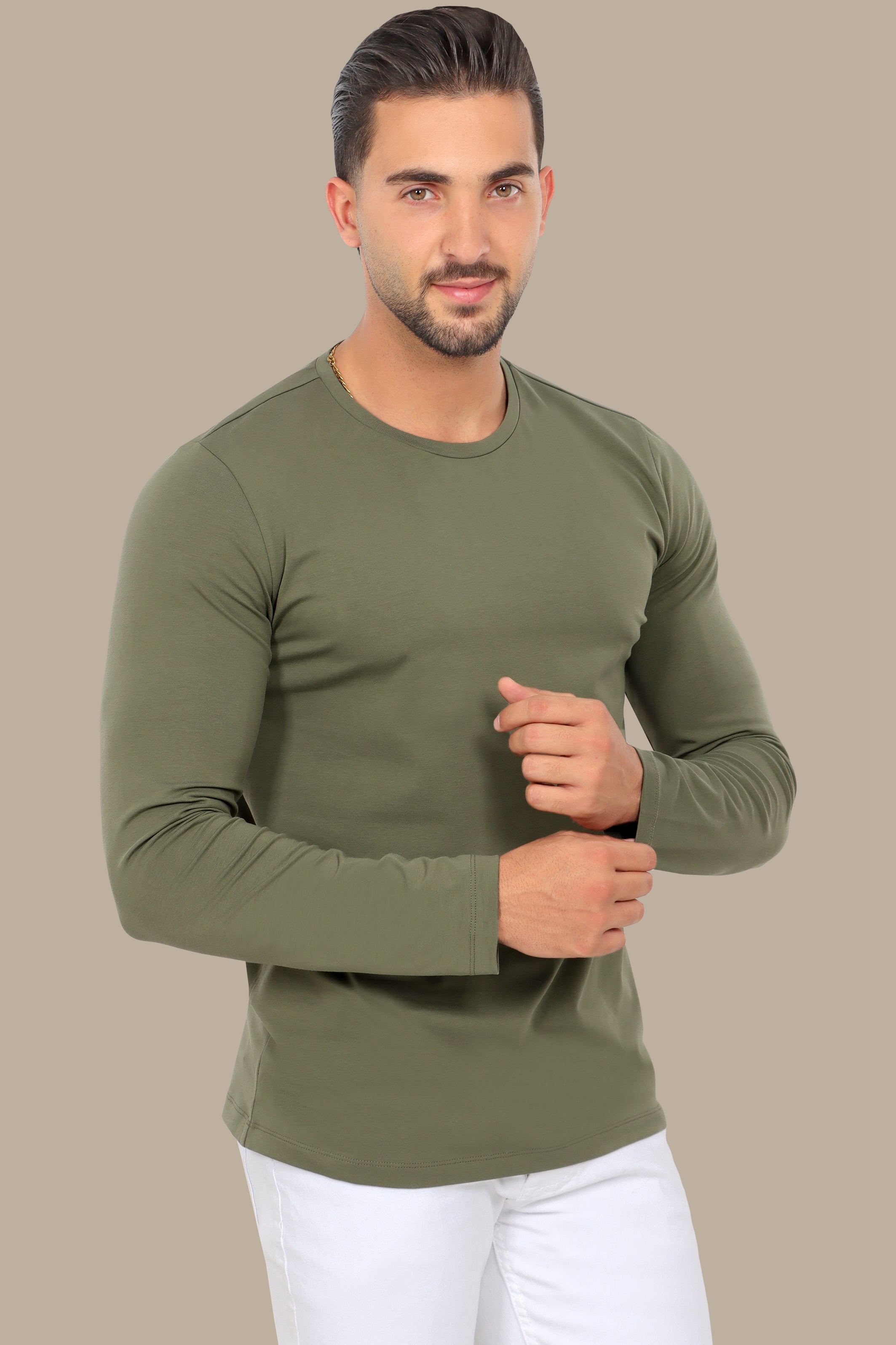 Khaki Long Sleeve Round Neck Top