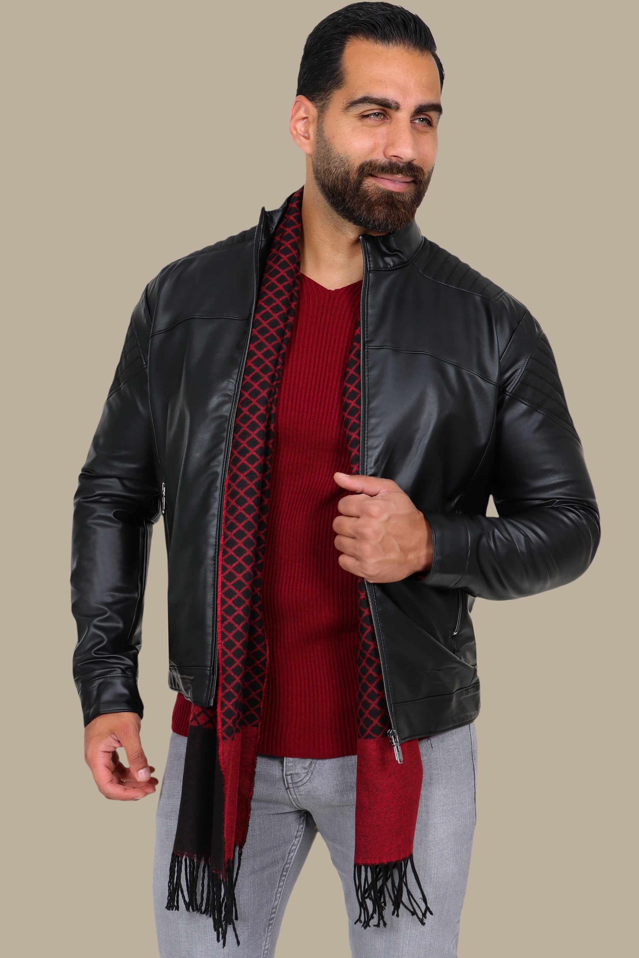 Black Faux Leather Mao Collar Jacket with Mixed Fabric